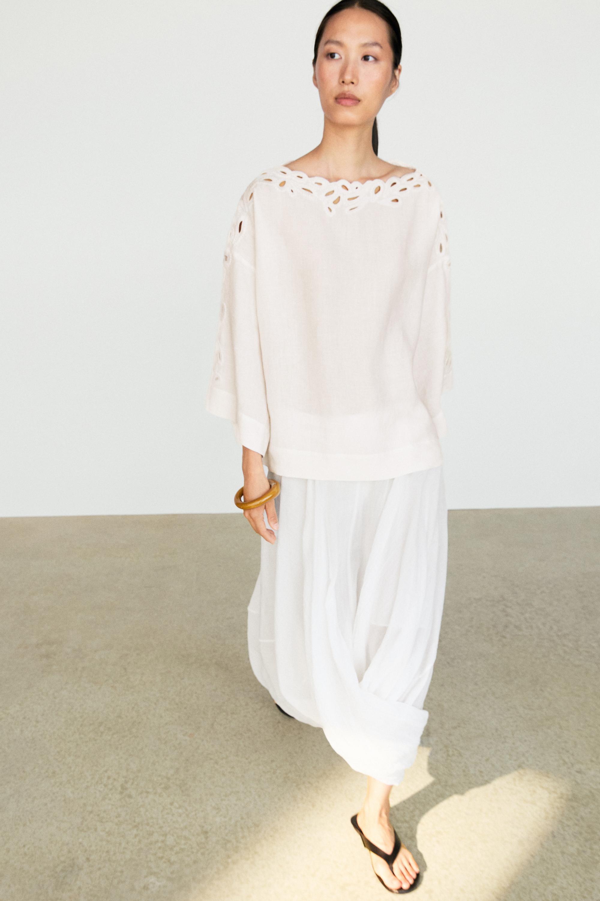Linen boat neck blouse with embroidery — CREAM