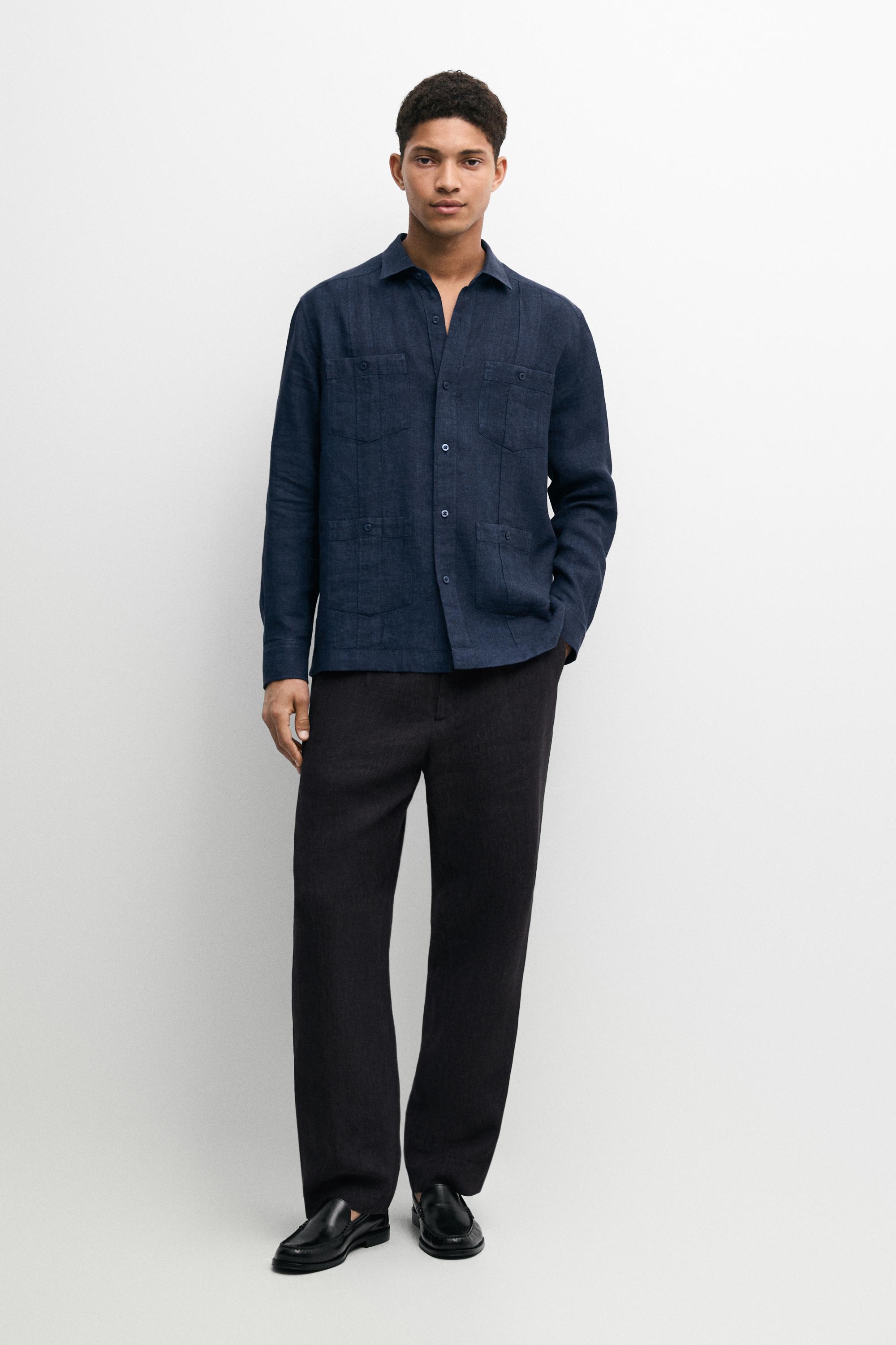Regular fit 100% linen shirt with pockets — DEEP BLUE