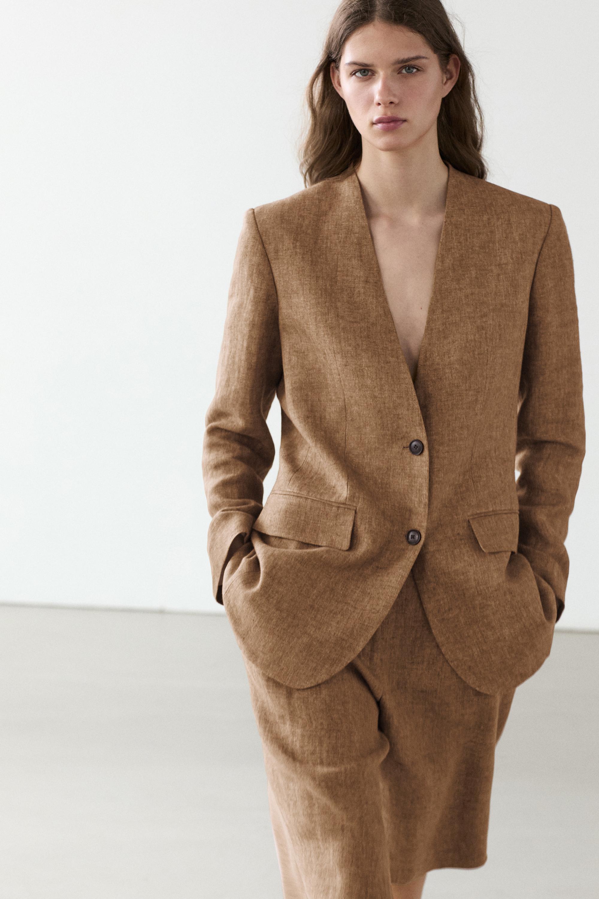 100% linen melange suit blazer — CAMEL