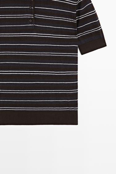 Cotton blend striped open-knit polo shirt — BLUE 7