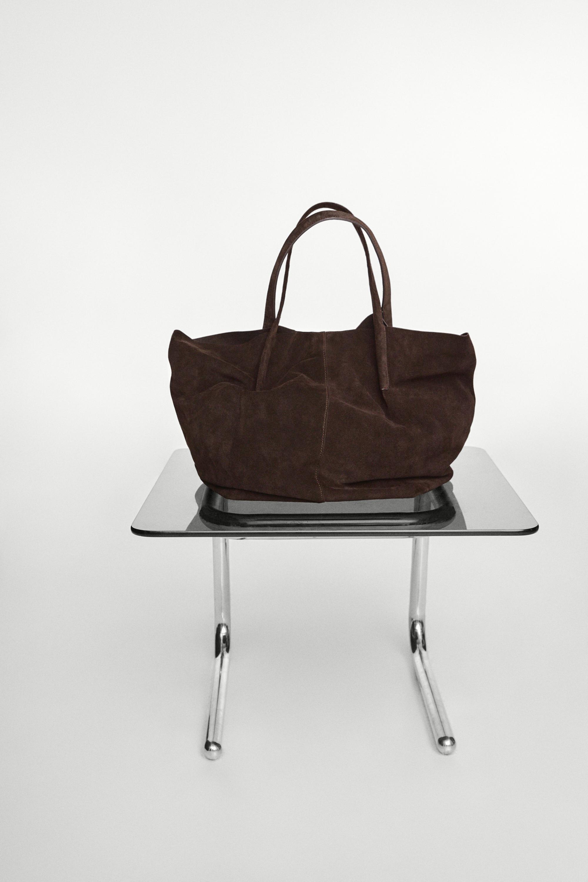 Split suede leather tote bag — Chocolate