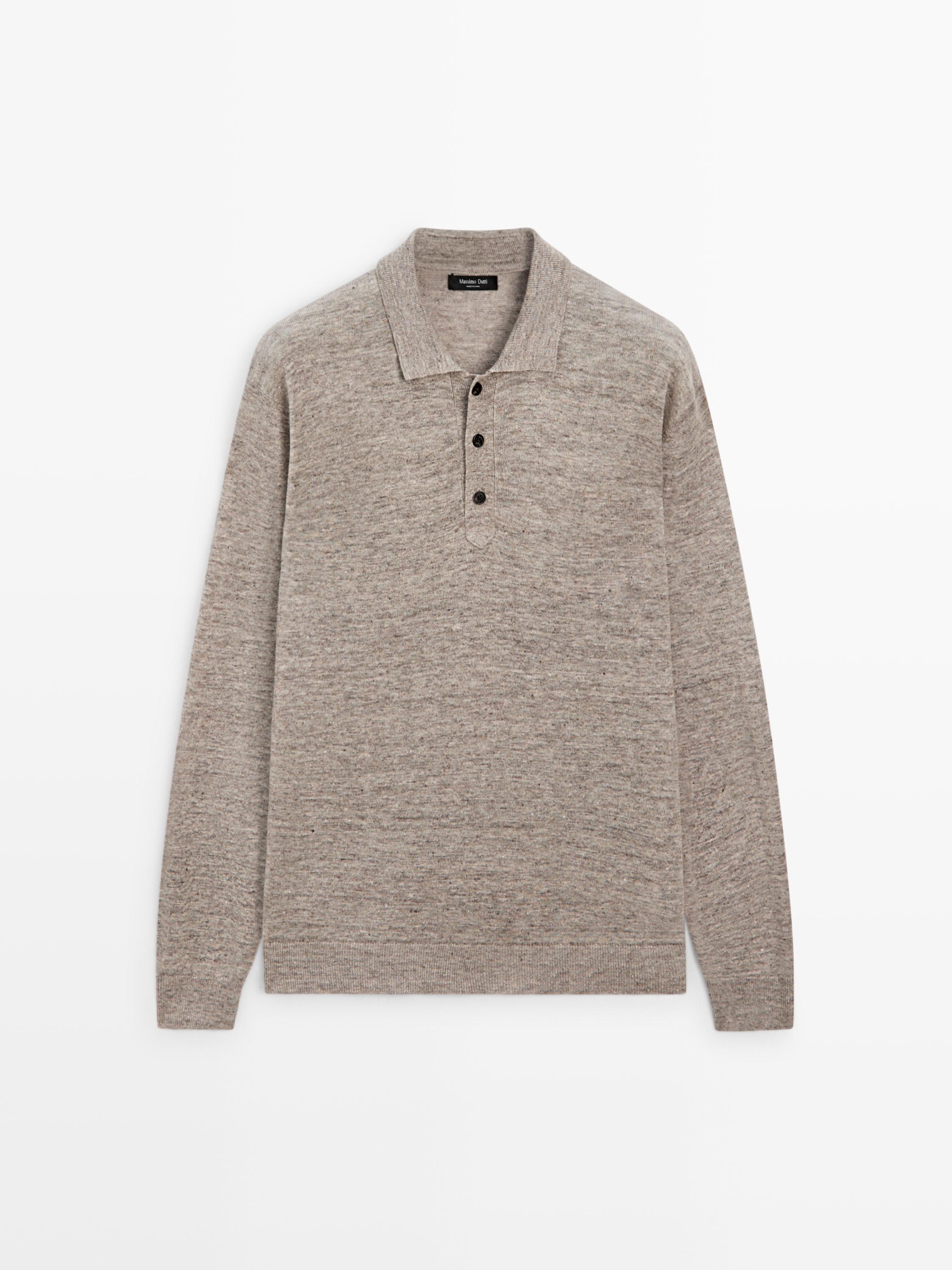 100% linen knit polo collar sweater — BEIGE MARL