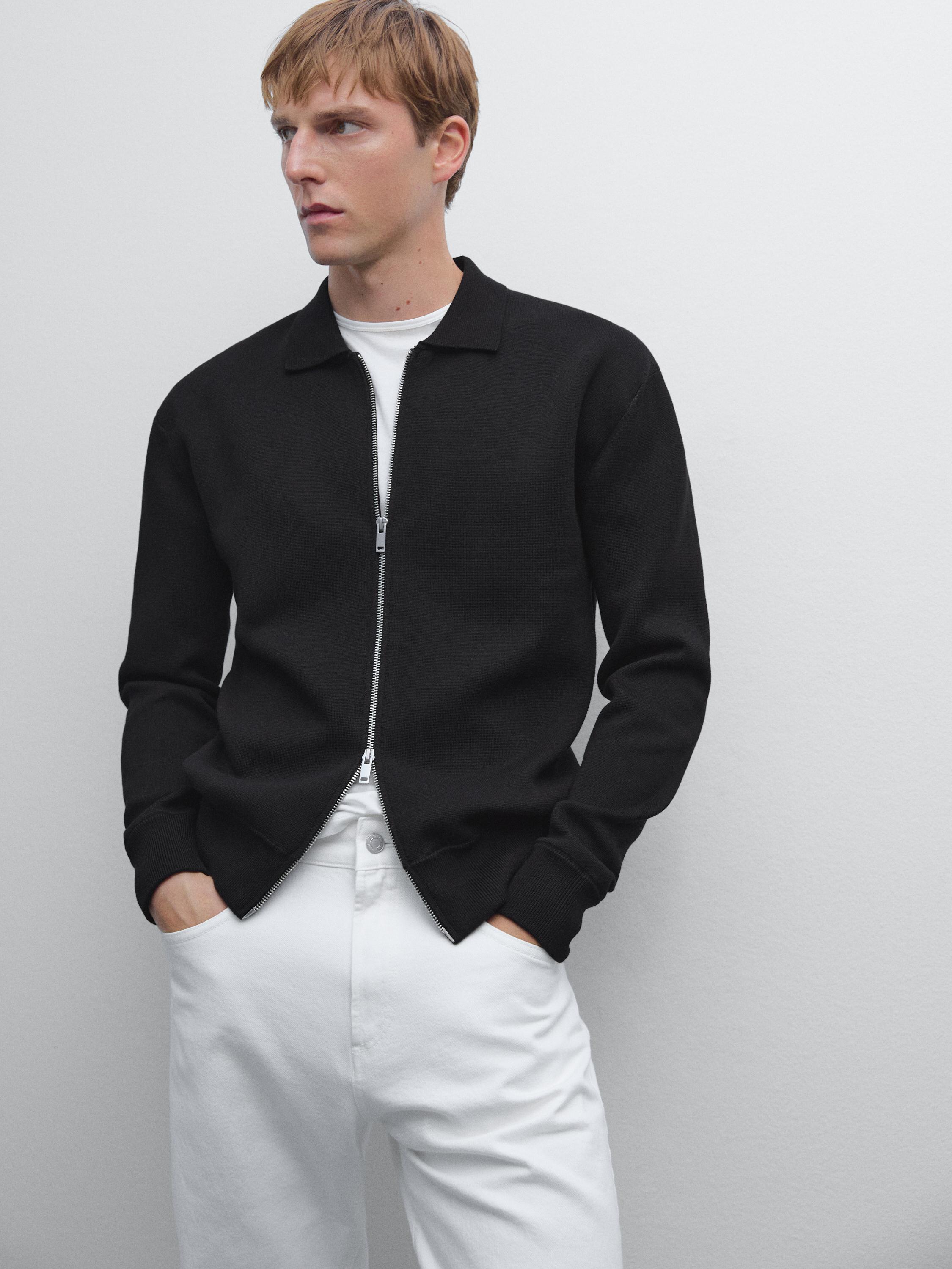 Cotton blend zip-up knit cardigan