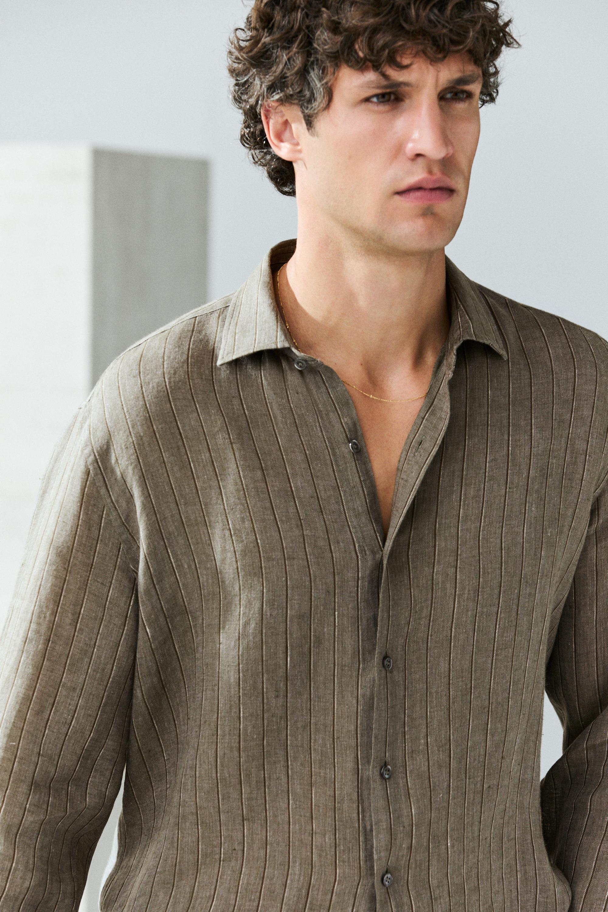 100% linen regular fit striped shirt — DARK GREEN