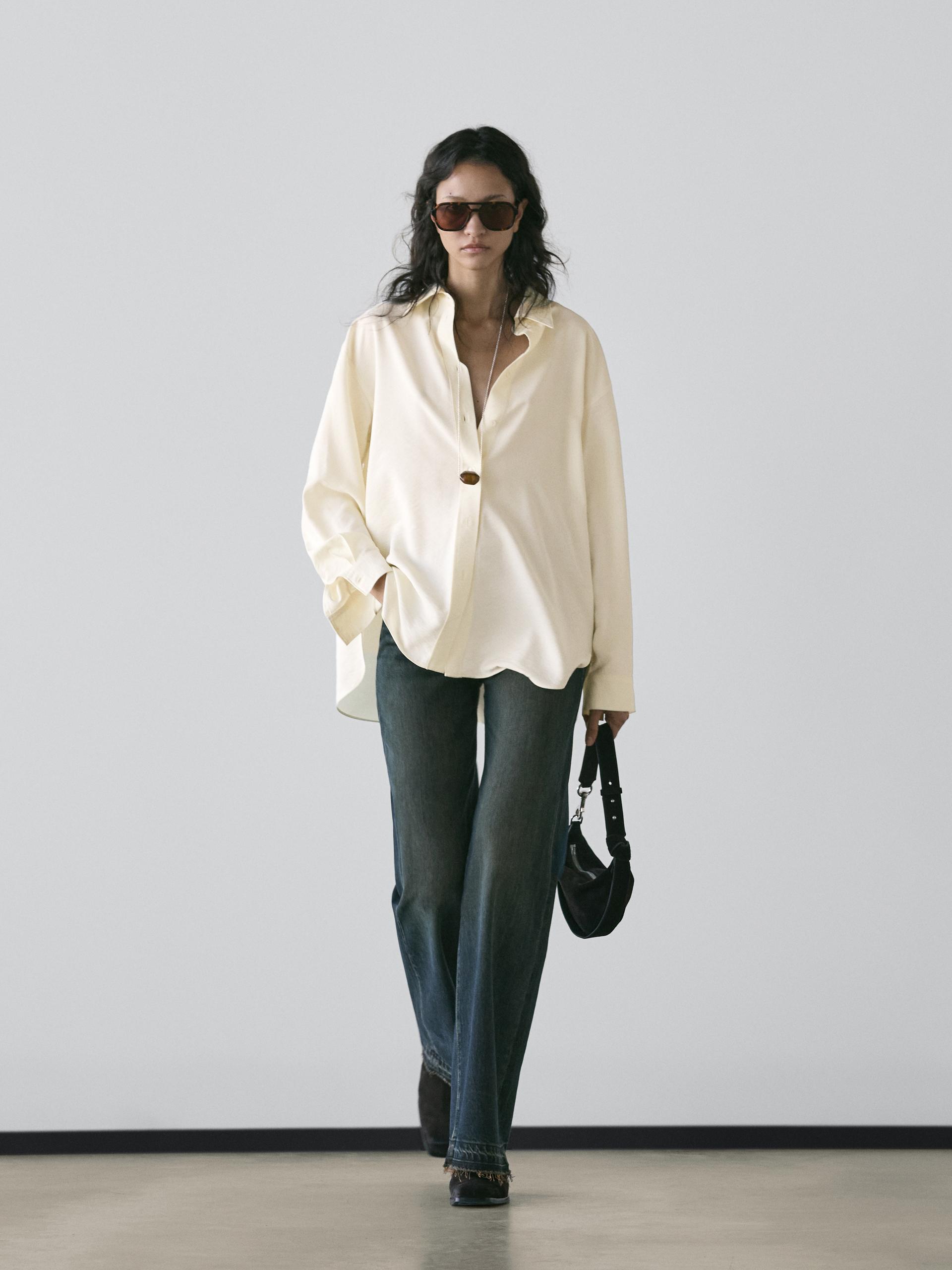 Camisa Oversize Manga Larga - Blanco Roto - M - Massimo Dutti - Mujer