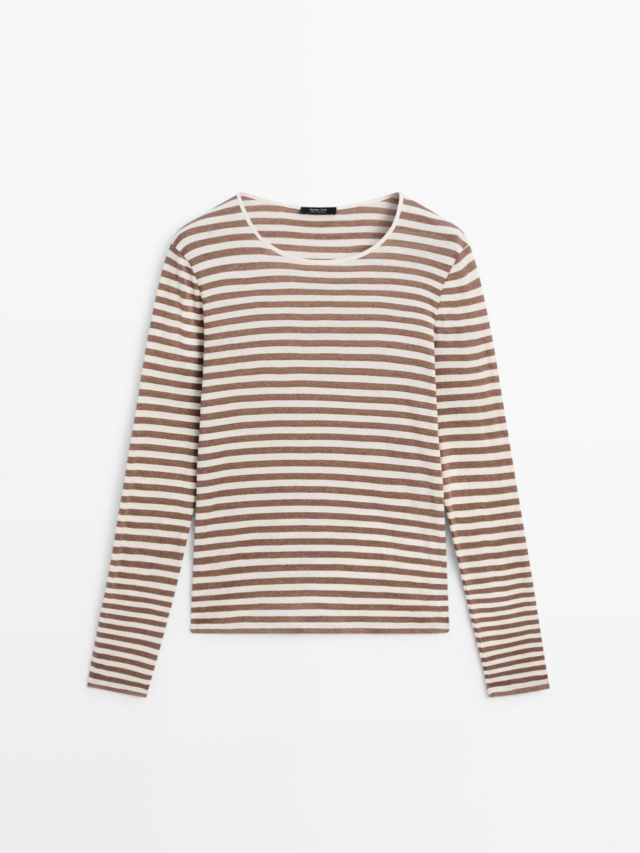 Massimo Dutti - Dame - Stribet T-Shirt I 100% Bomuld - Beige - Xs