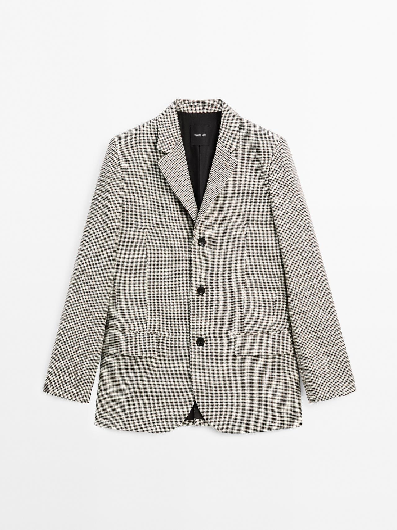 Massimo Dutti - Dame - Blazer I 100 % Uld Med Hanefjedsmønster - Beige - 36