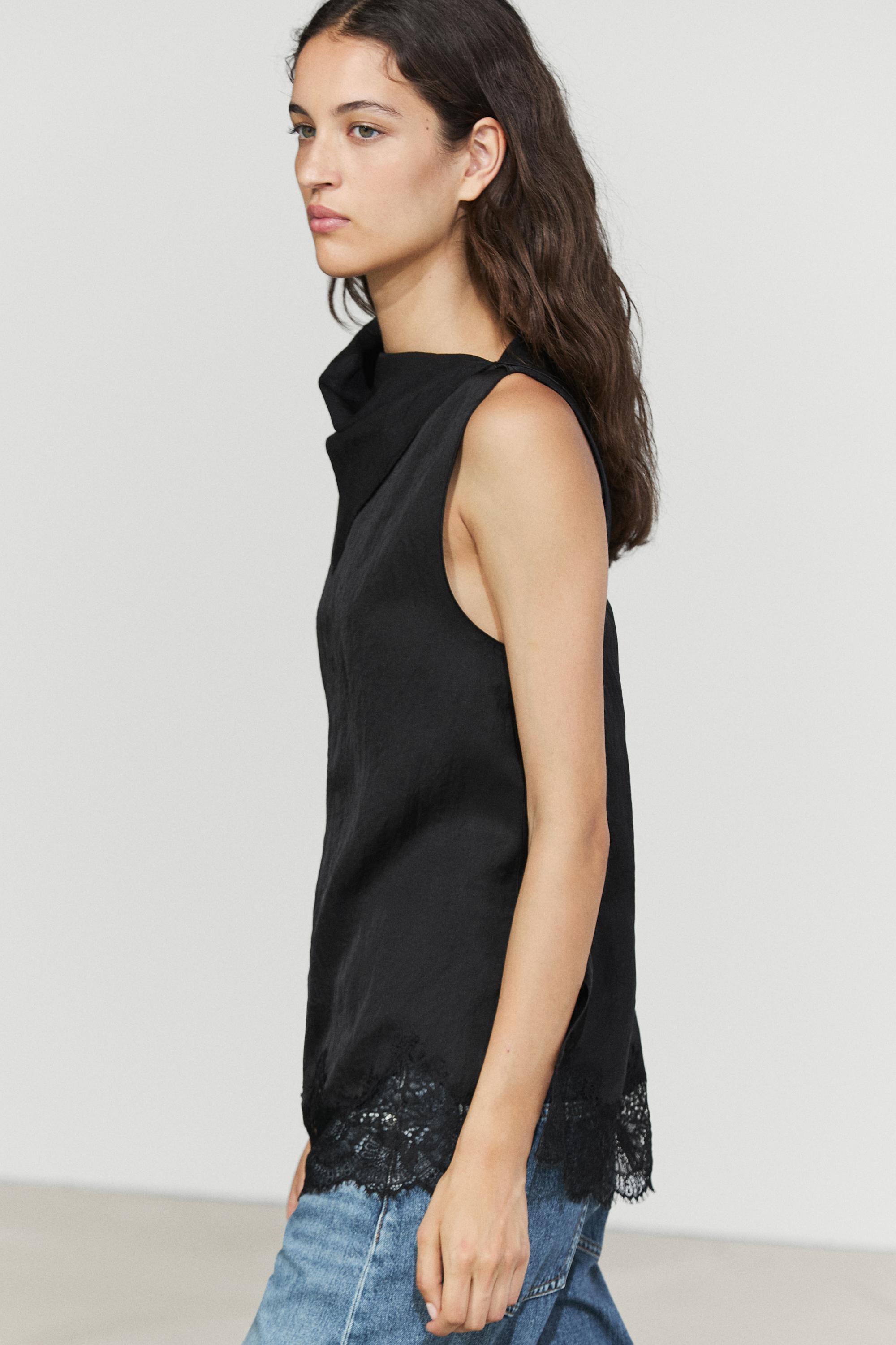 Flowing lace-detail top — BLACK