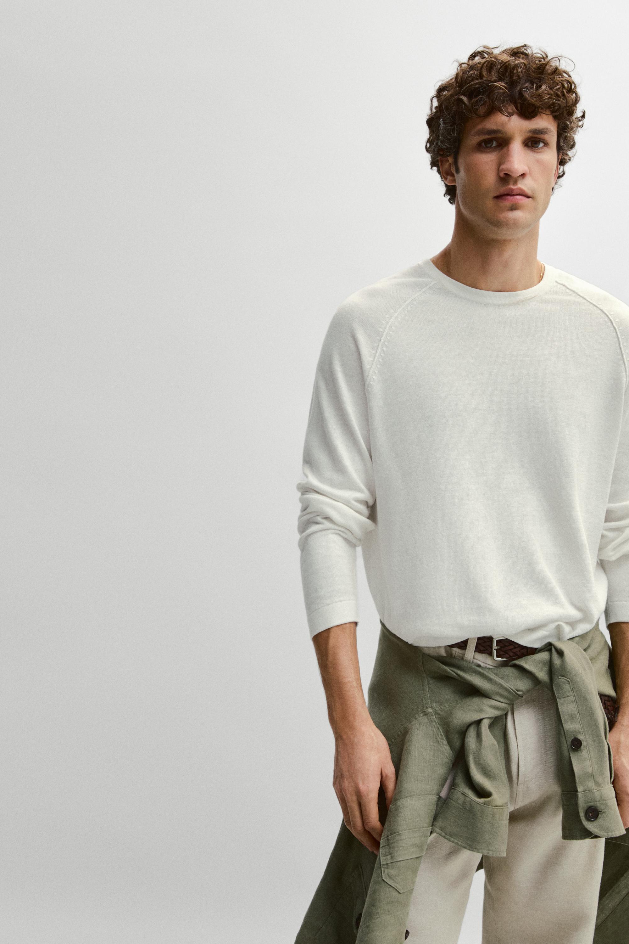 Linen blend knit crew neck sweater — CREAM