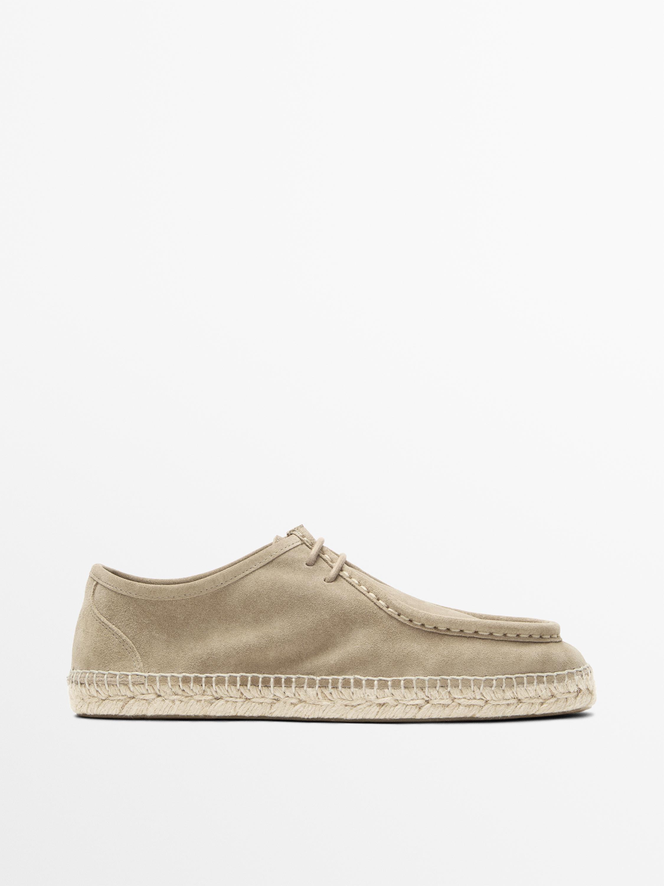 Split leather shoes with moc toe and jute sole — SAND
