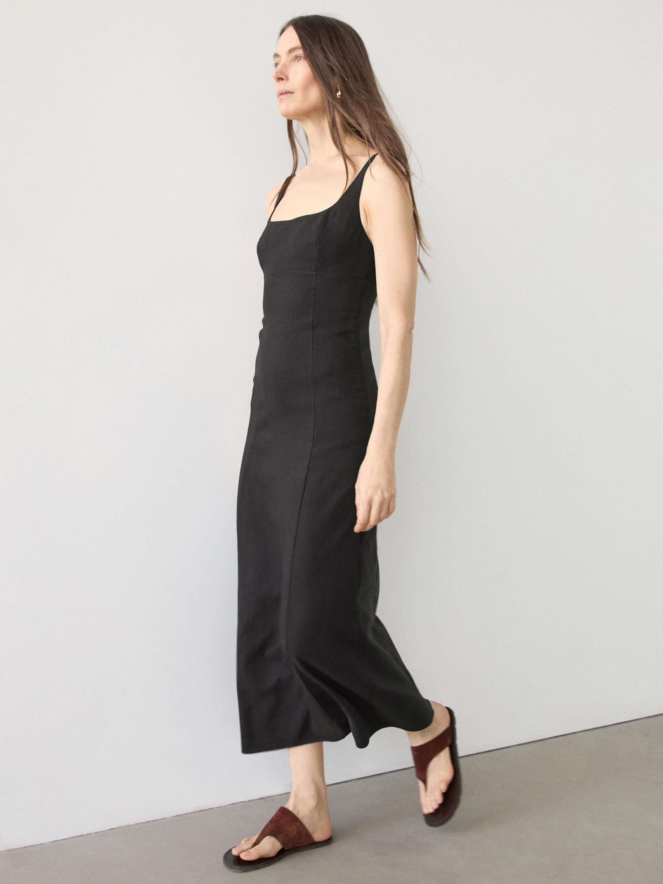 Strappy linen midi dress — BLACK