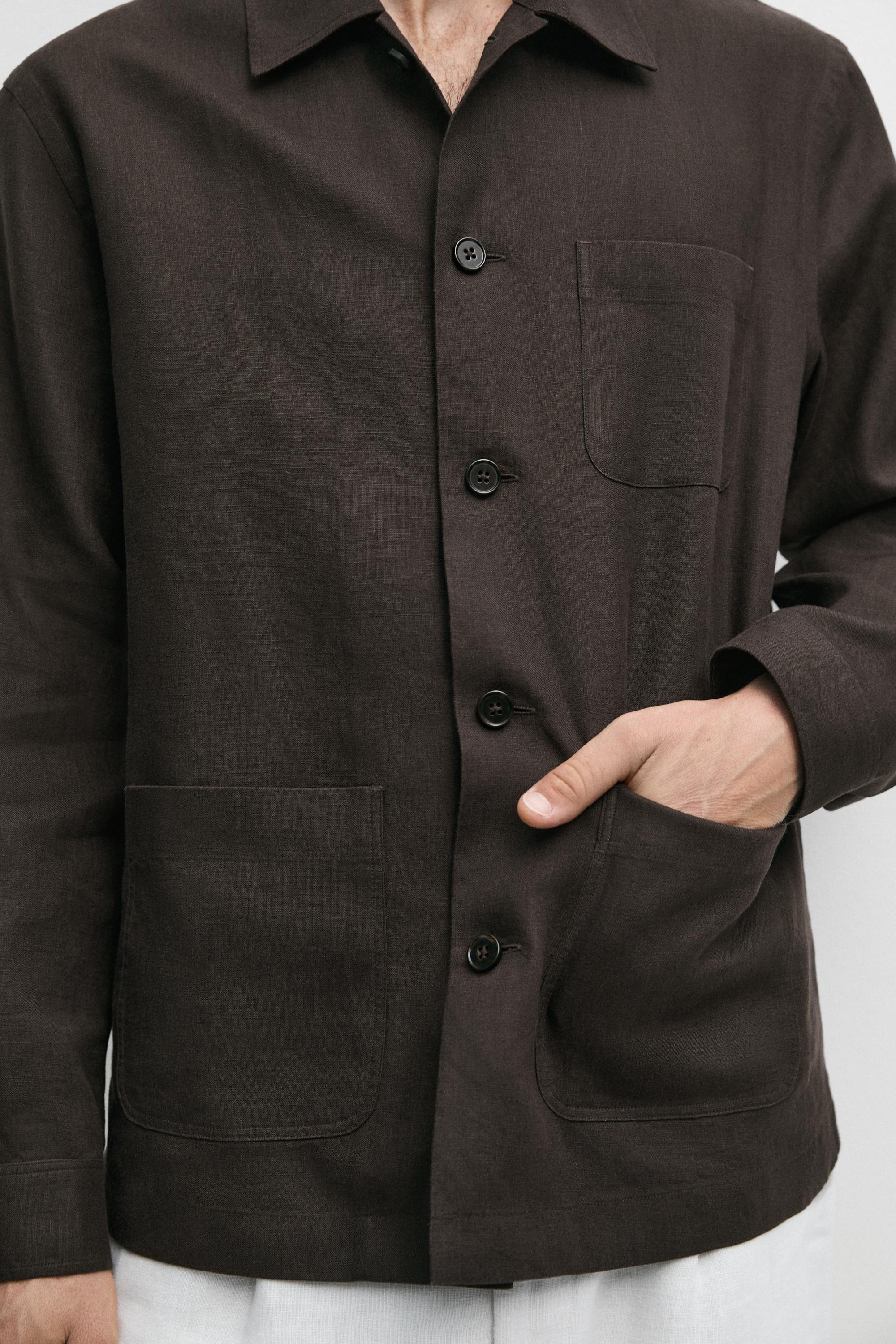 Linen total look overshirt with pocket details — BROWN