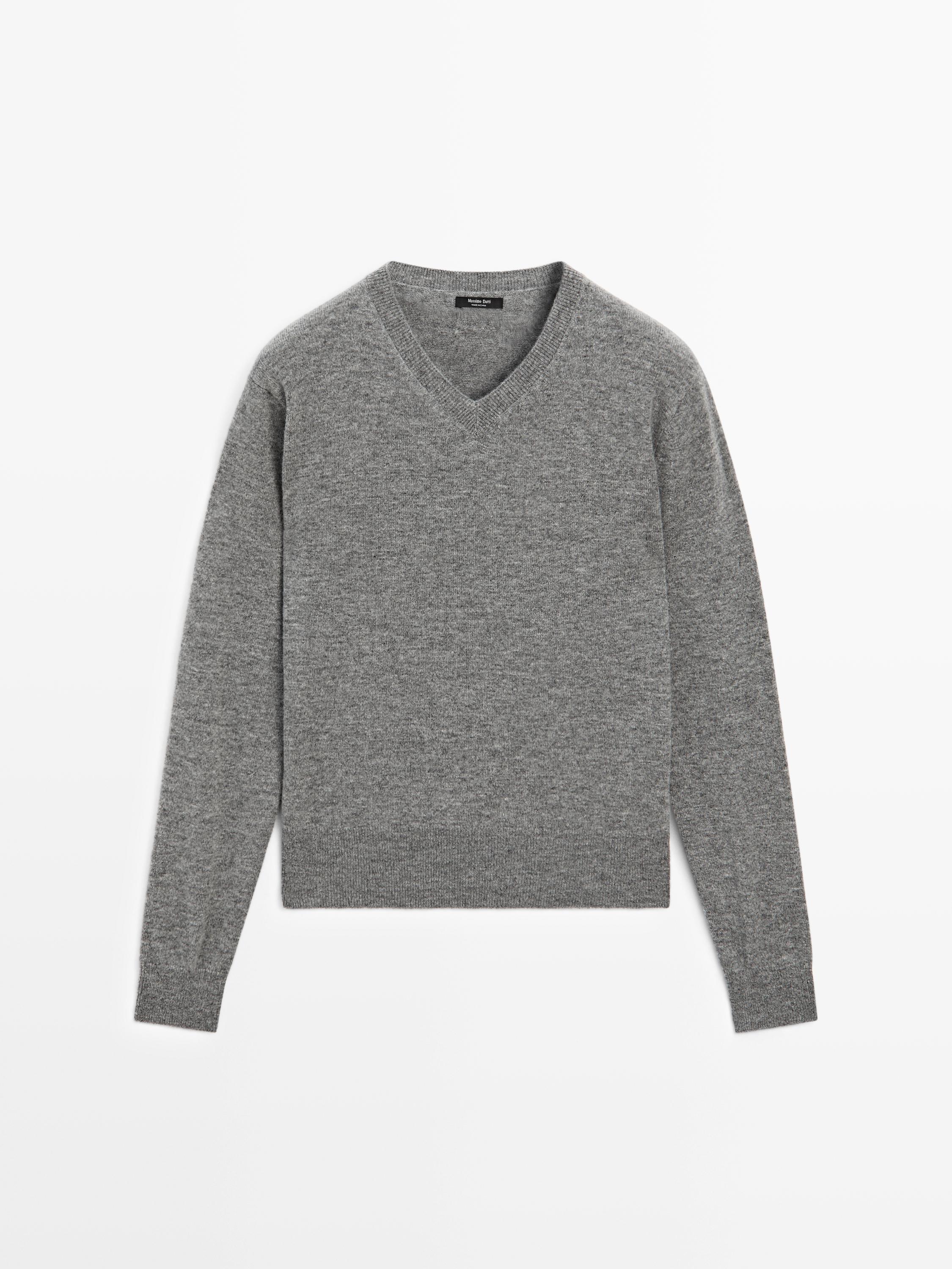 Wool blend knit V-neck sweater — GREY MARL