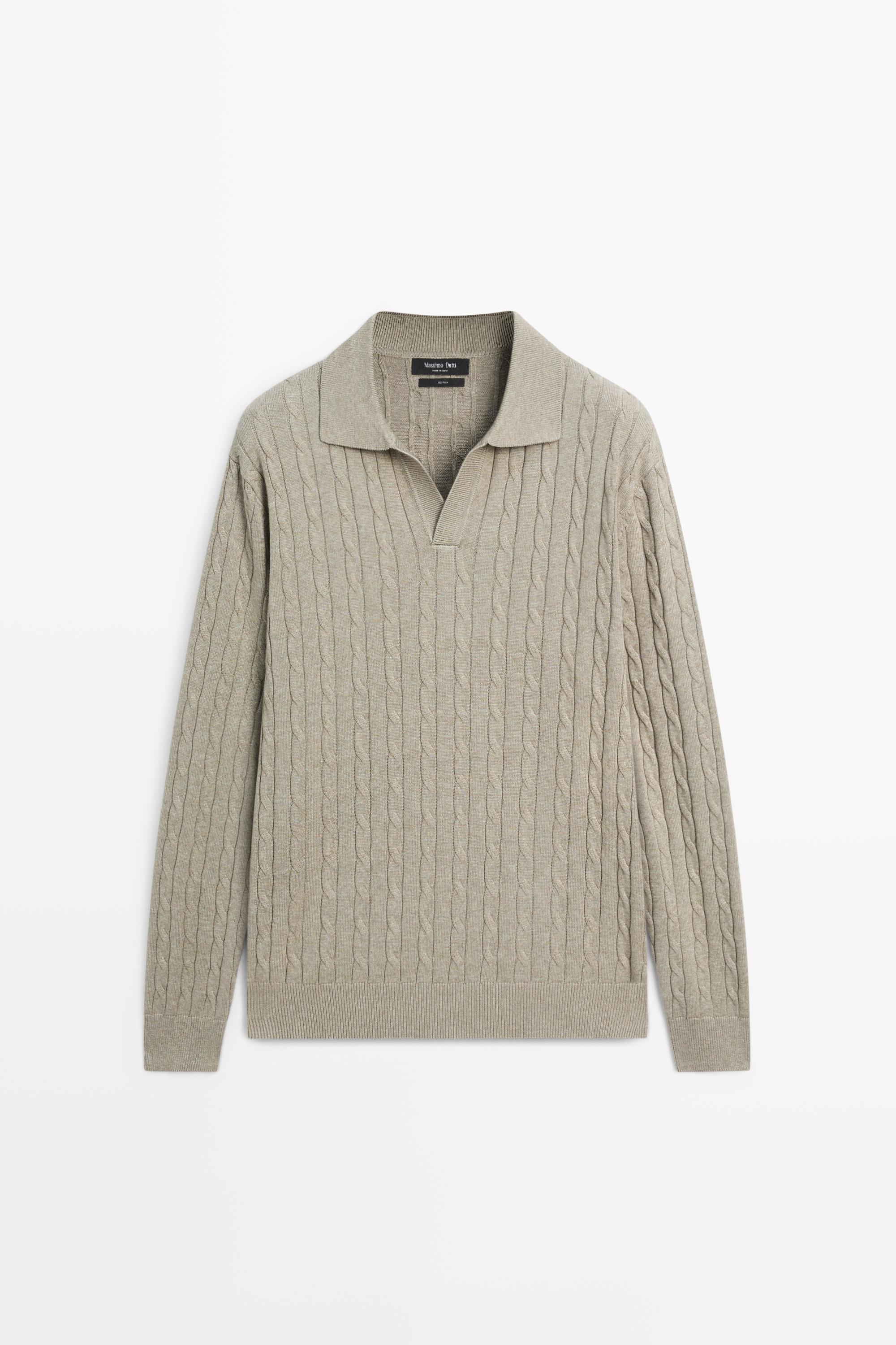 100% Cotton Cable-Knit Polo Sweater — Greyish green