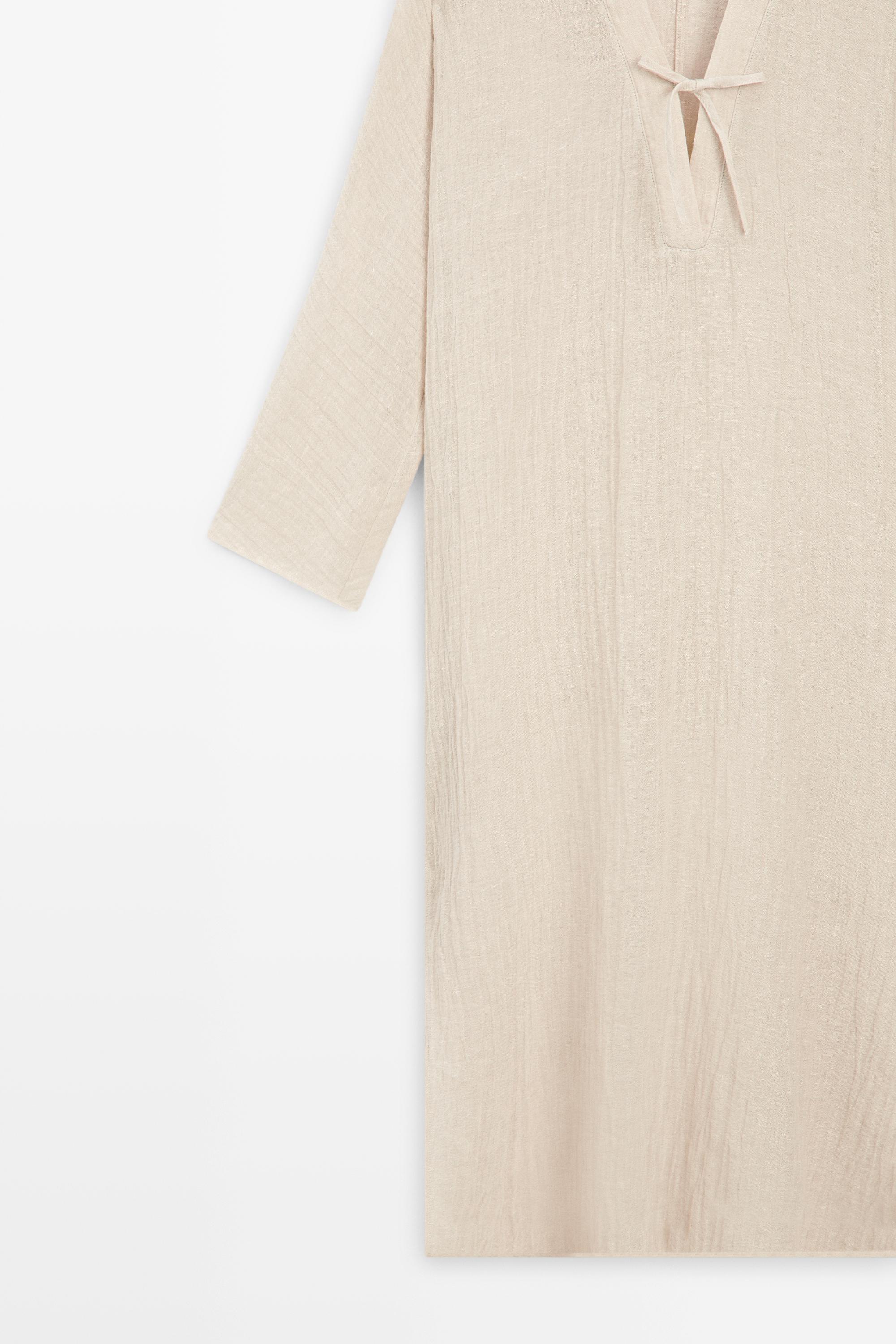 Linen blend kaftan dress with tied neckline — Off white
