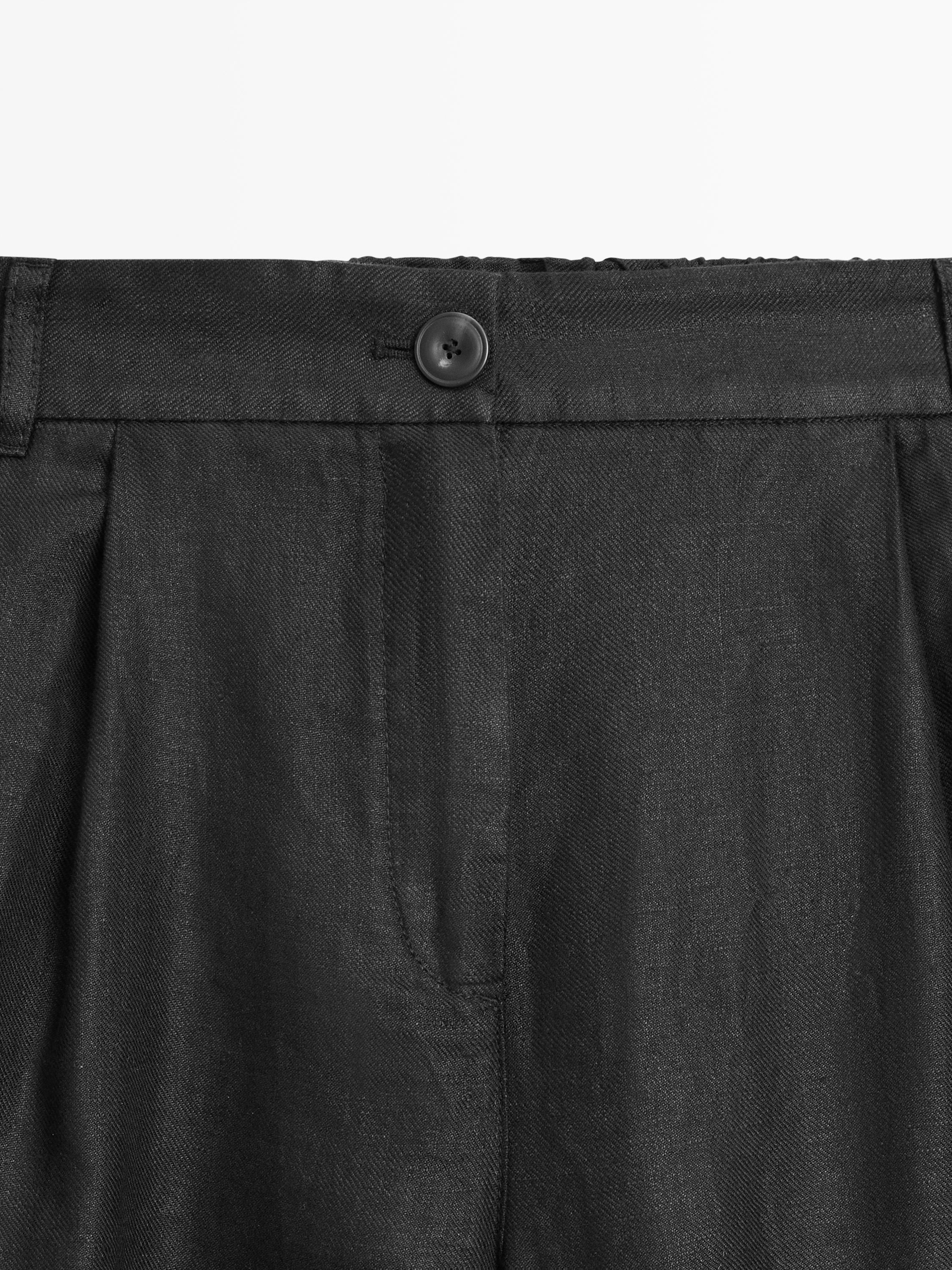 100% linen wide-leg elasticated trousers — BLACK