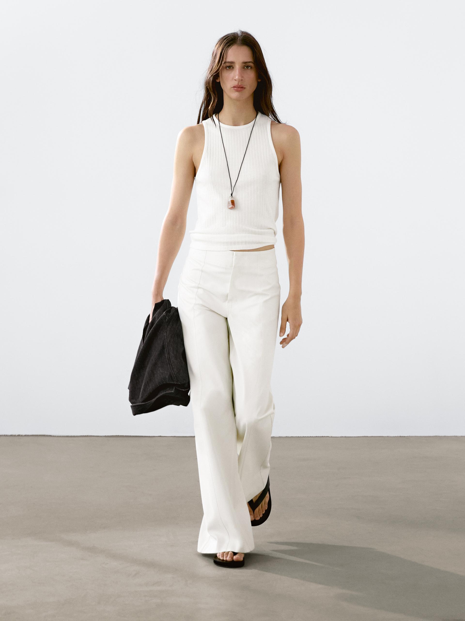 Top En Maille Côtelée À Encolure Américaine - Cru - Xs - Massimo Dutti - Femme