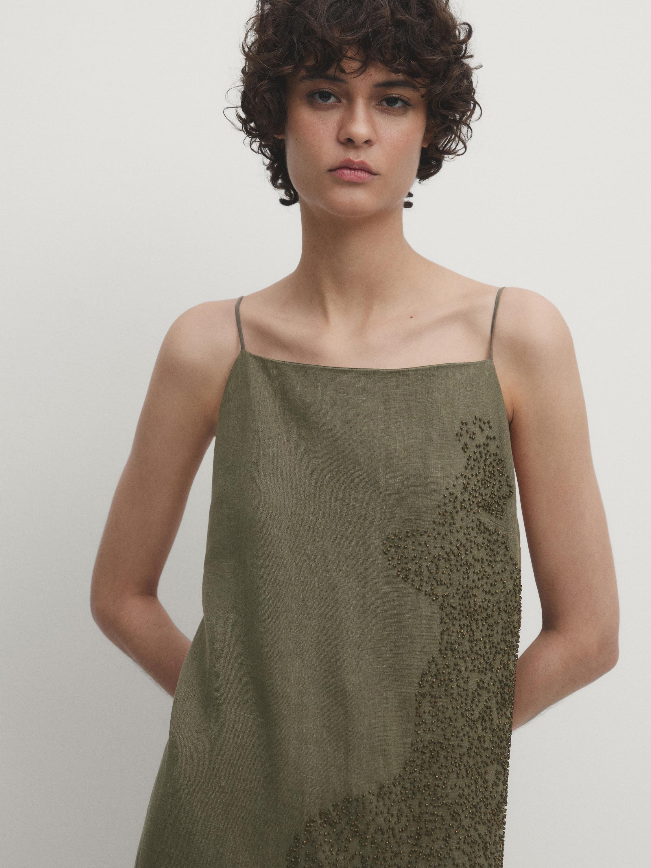 Robe midi en lin mélangé avec broderie
