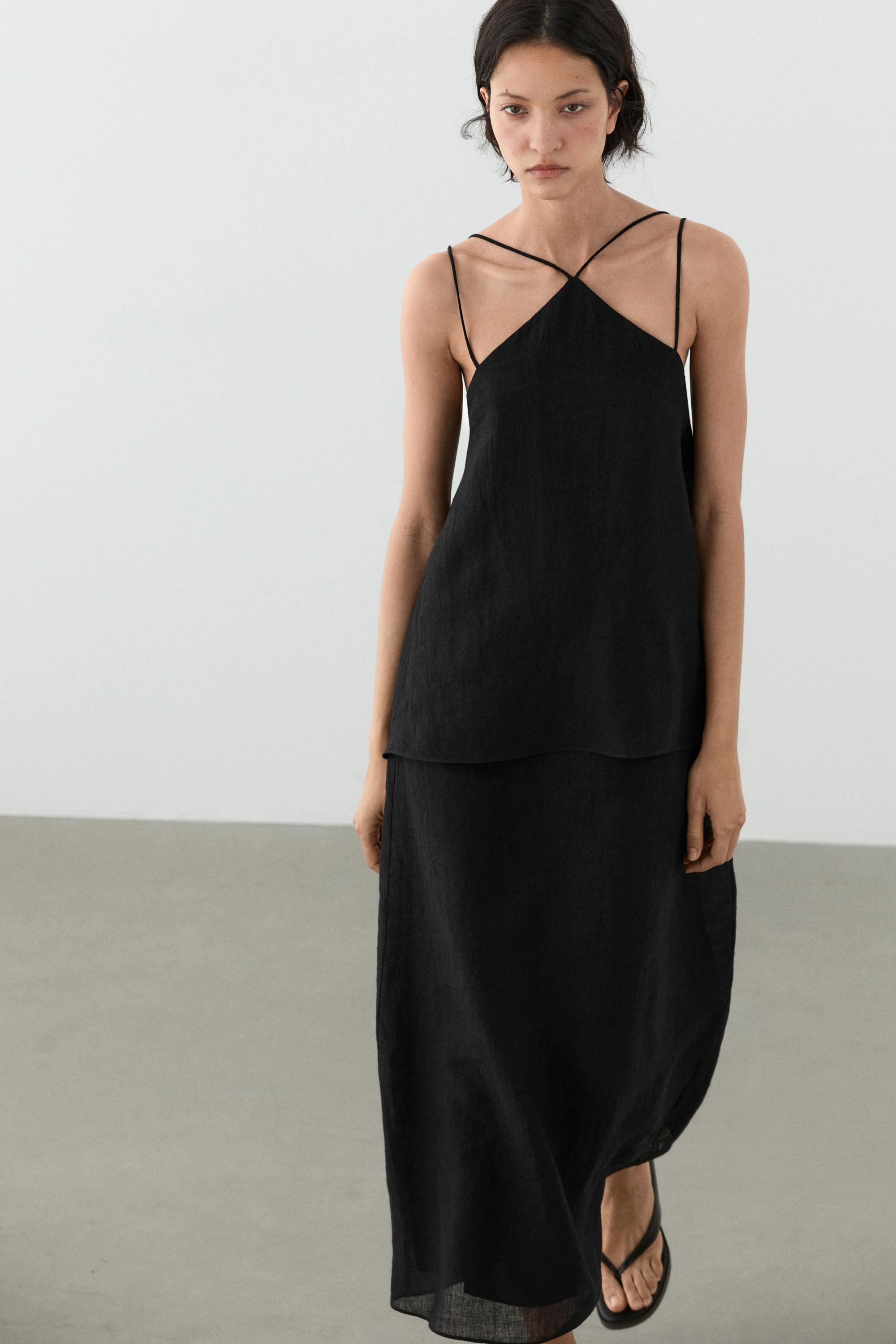 Flowing strappy 100% linen dress — BLACK