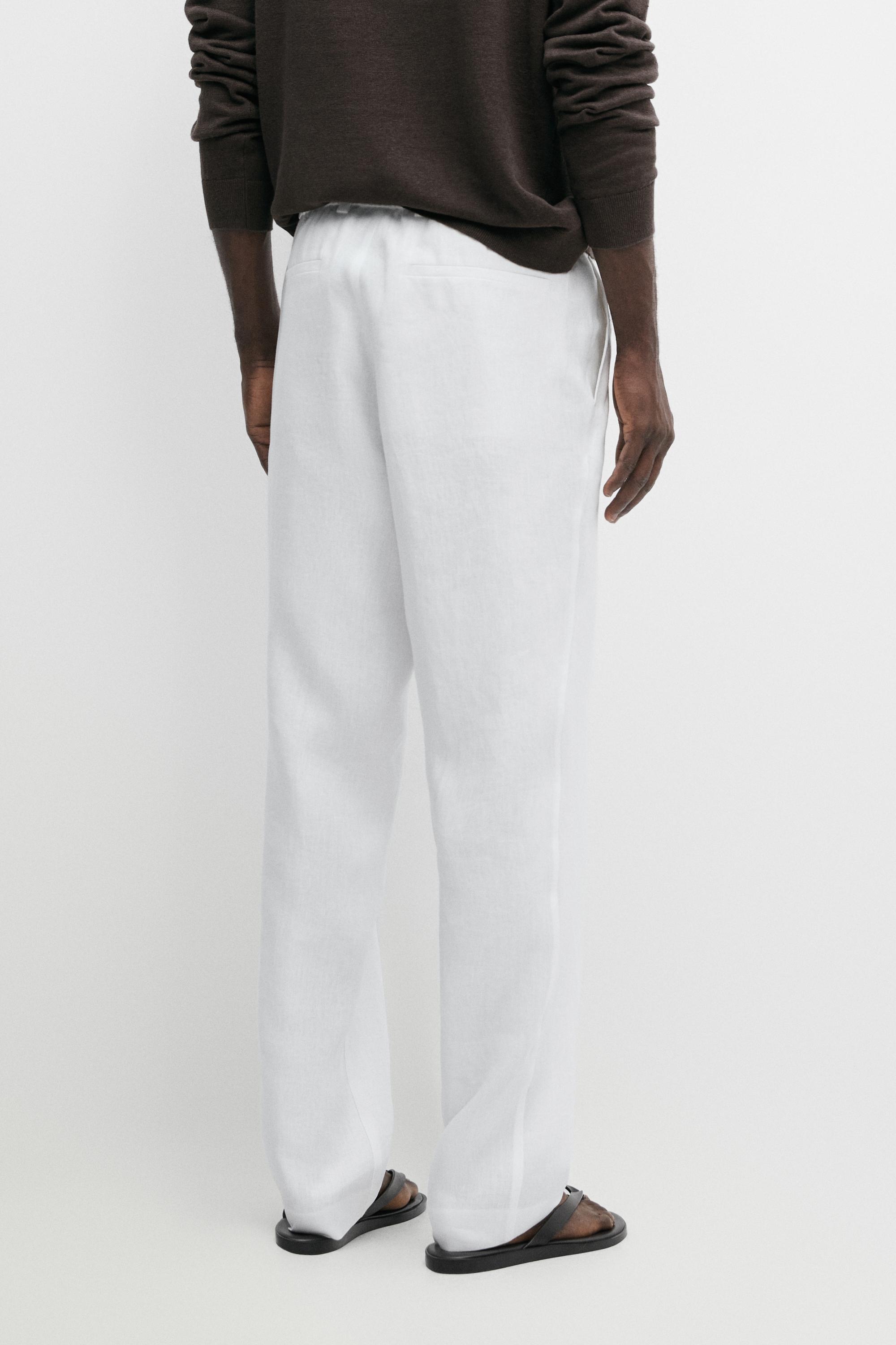 100% linen trousers with elasticated waist — WHITE