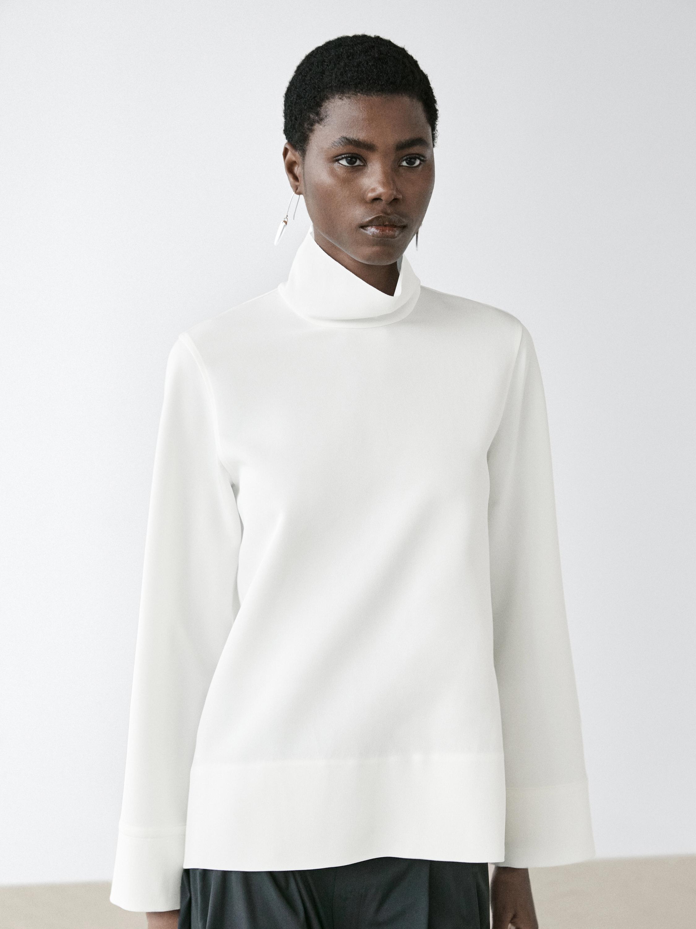 High neck blouse with hem detail — WHITE