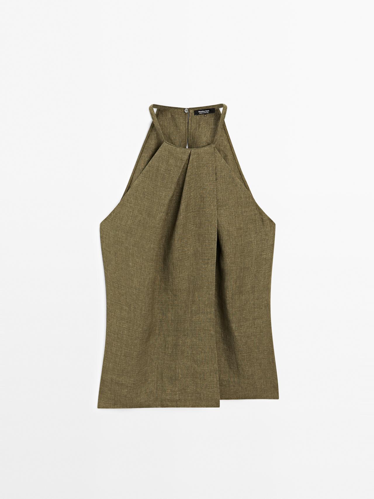 Massimo Dutti - Dame - Top I 100 % Hør Med Overlappende Halterneck - Grøn - L