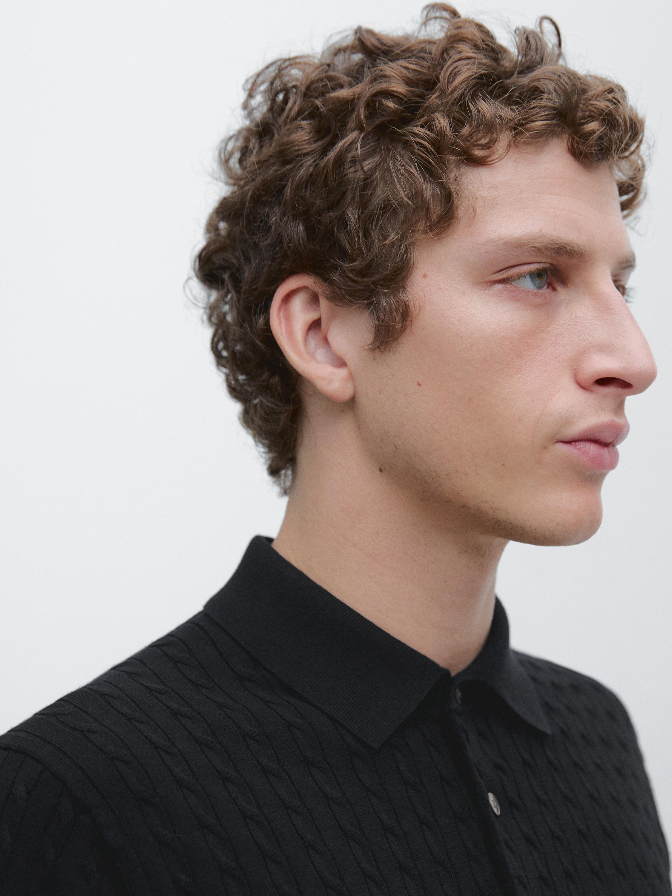 100% cotton cable-knit polo shirt — NAVY BLUE