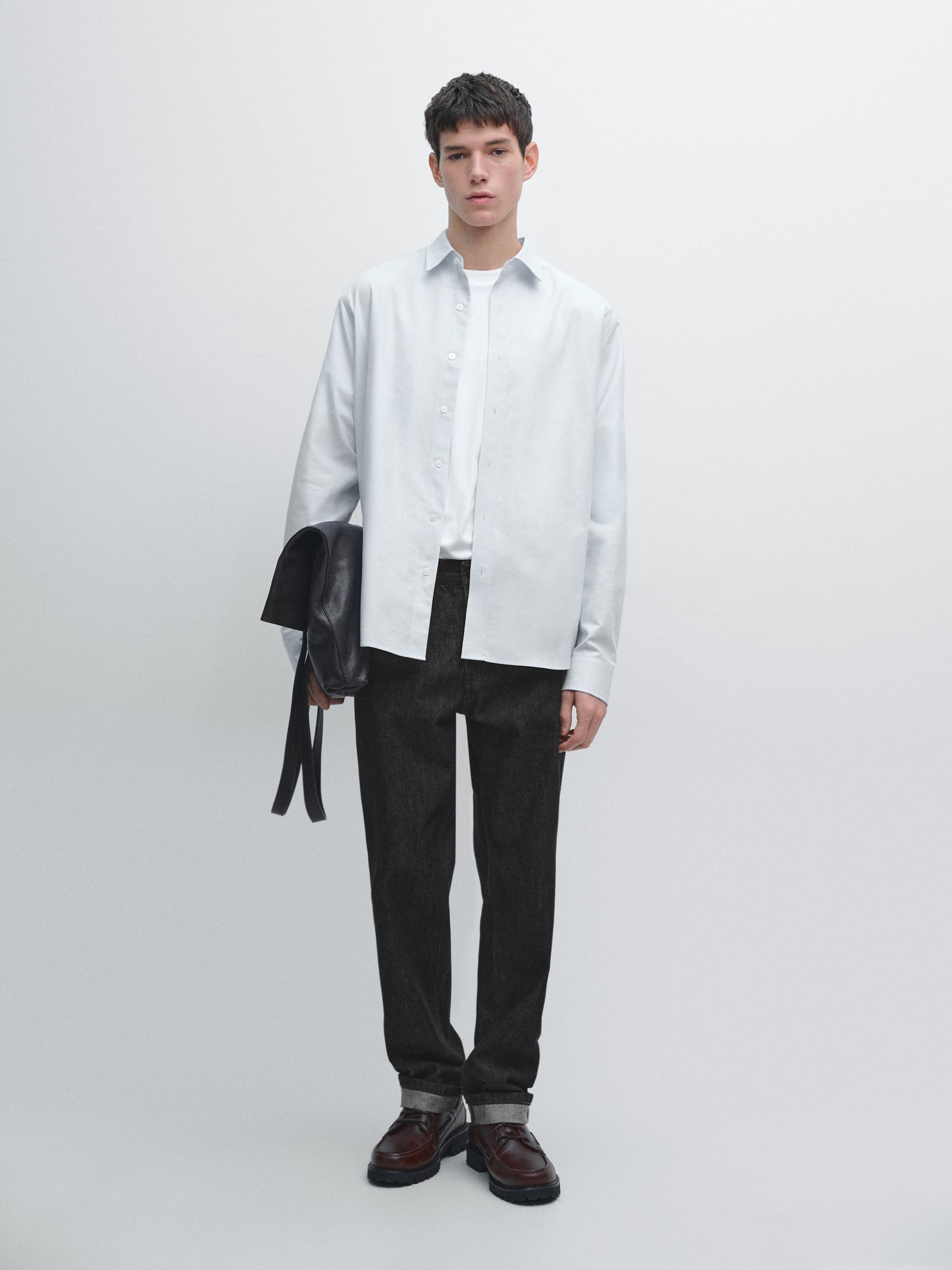 Regular Fit Pinstripe Shirt - Azul-Celeste - Xxl - Massimo Dutti - Homem