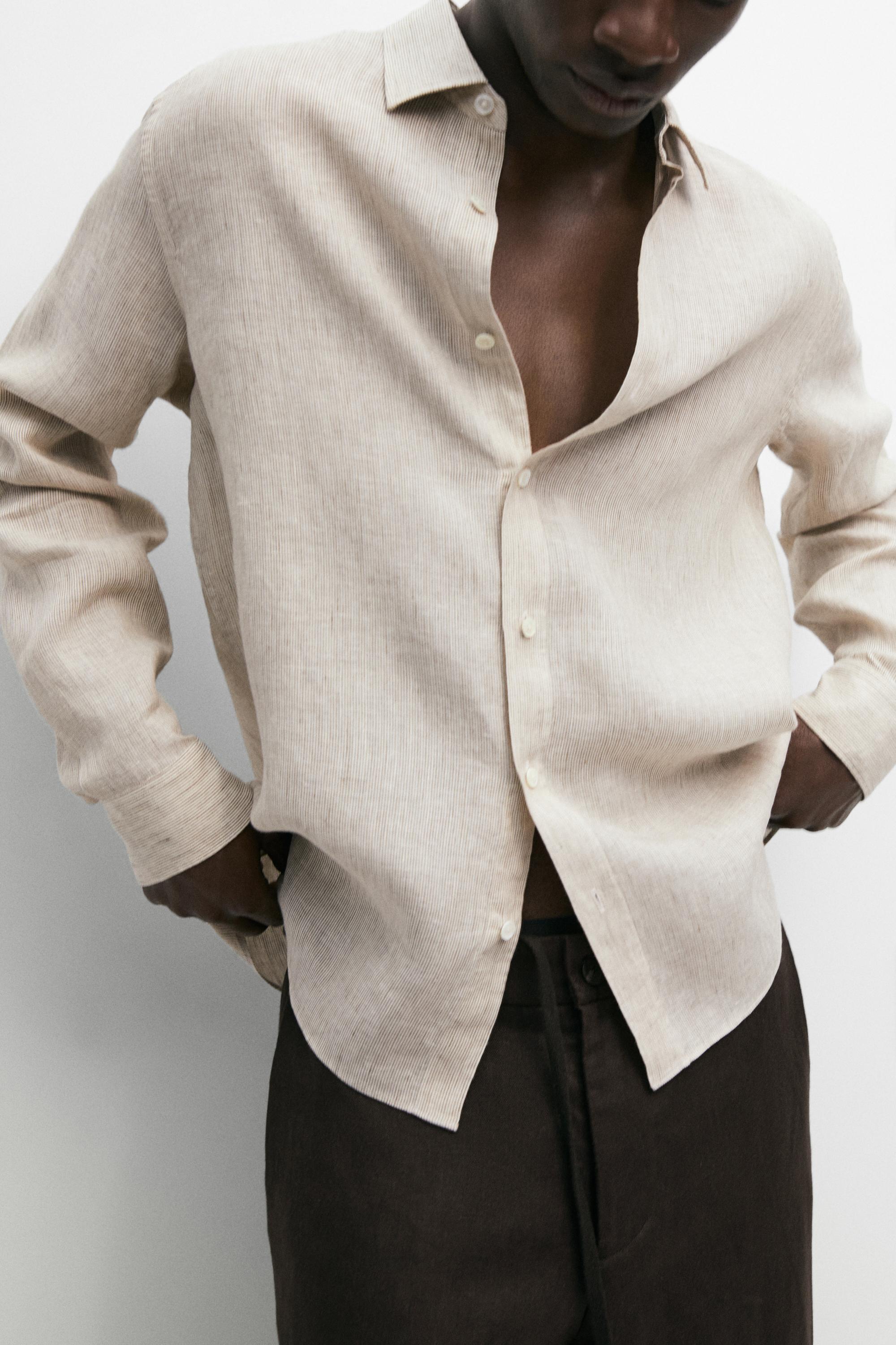 Regular fit washed striped 100% linen shirt — GREEN