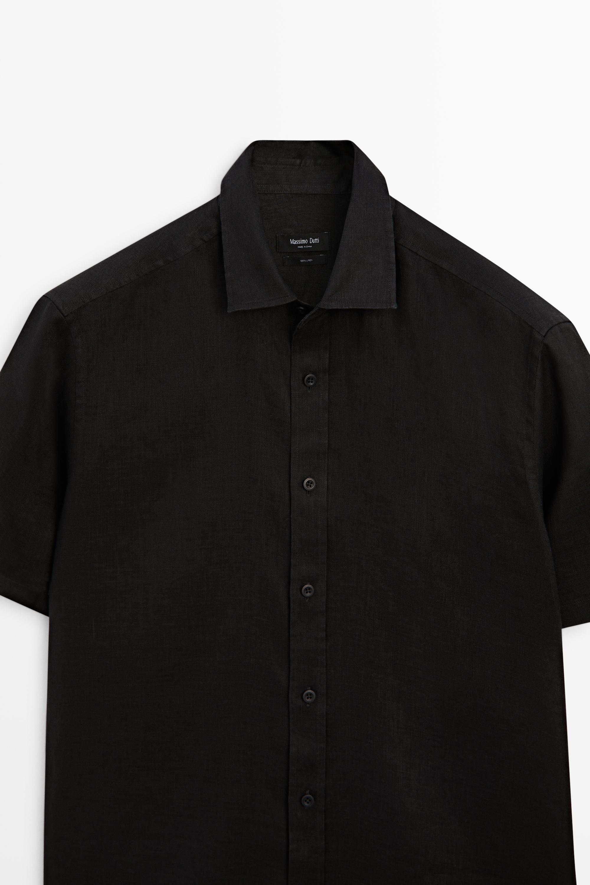Regular fit 100% linen short sleeve shirt — BLACK