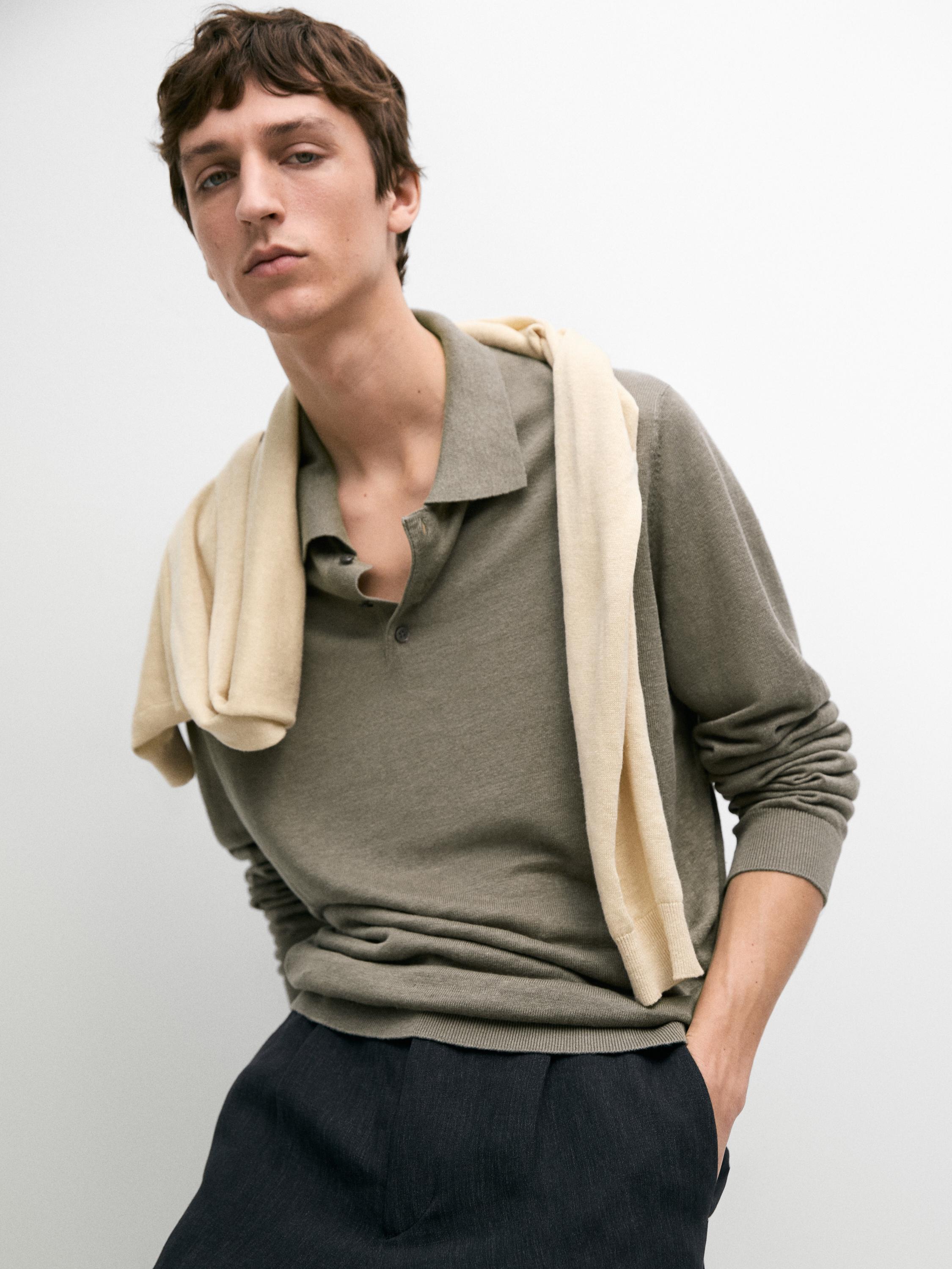 100% linen knit polo collar sweater — PALE KHAKI