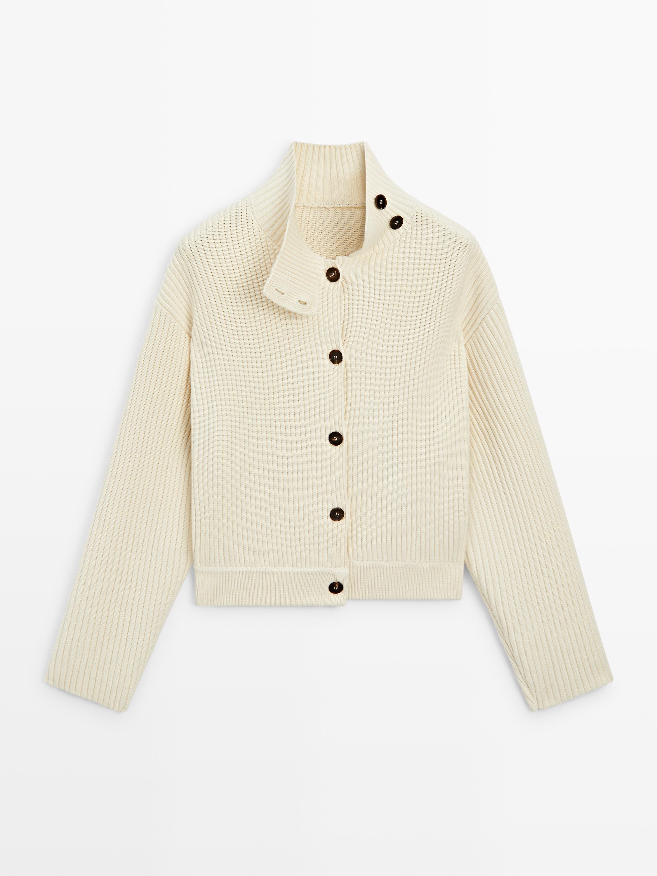 High-neck cotton knit cardigan