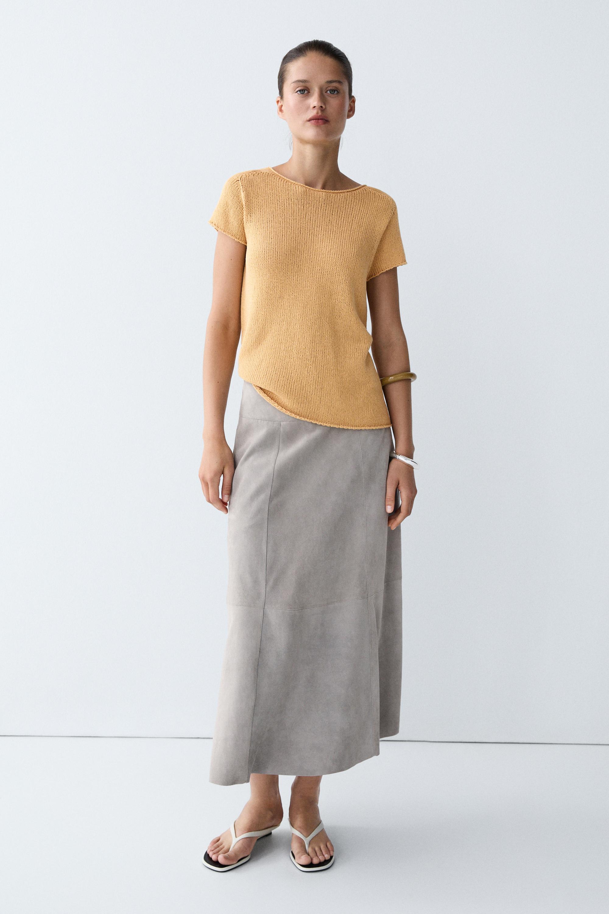 Cotton blend short sleeve knit sweater — CORN YELLOW