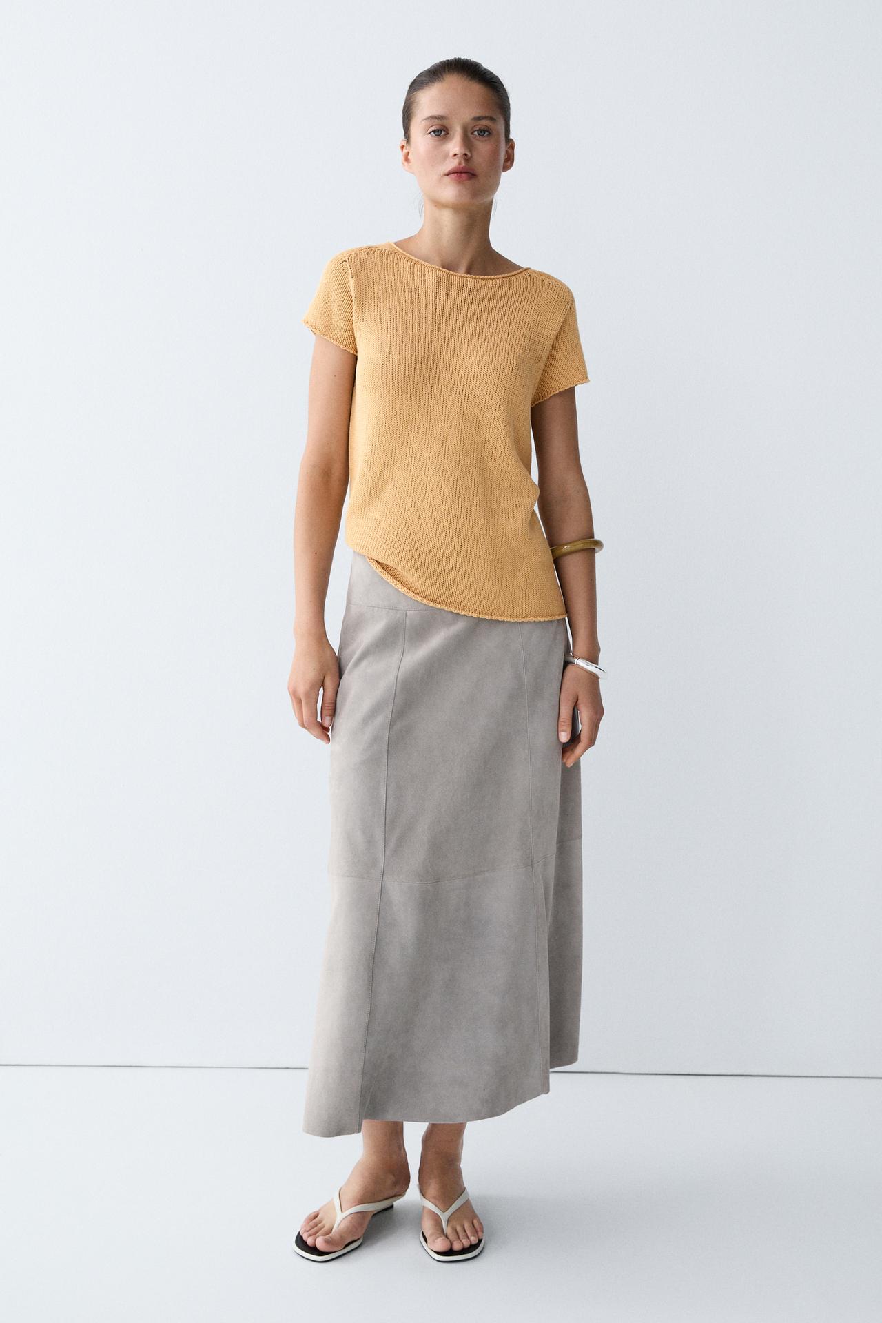 Cotton blend short sleeve knit sweater — CORN YELLOW