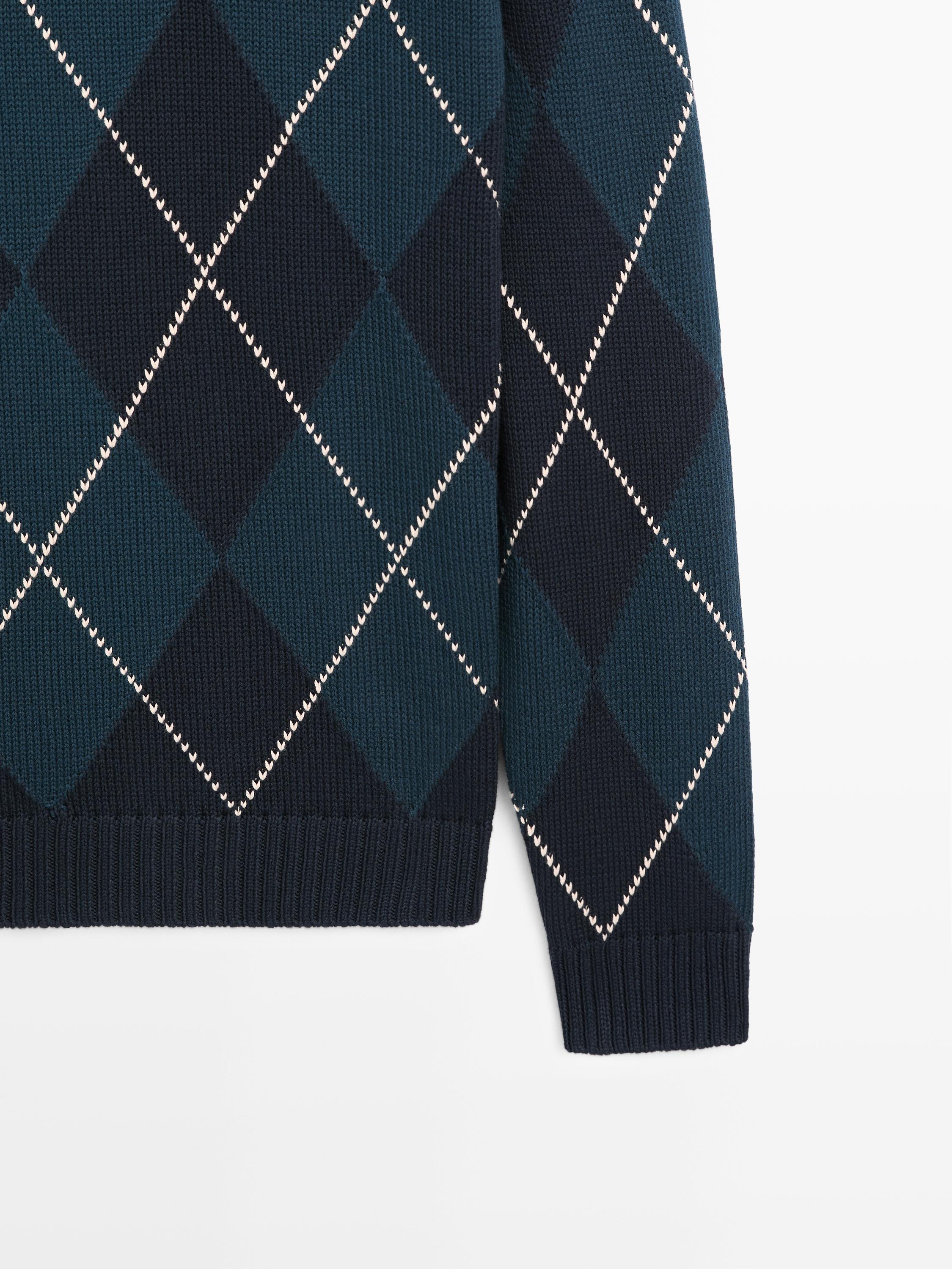 Cotton knit sweater with argyle detail — BLUE