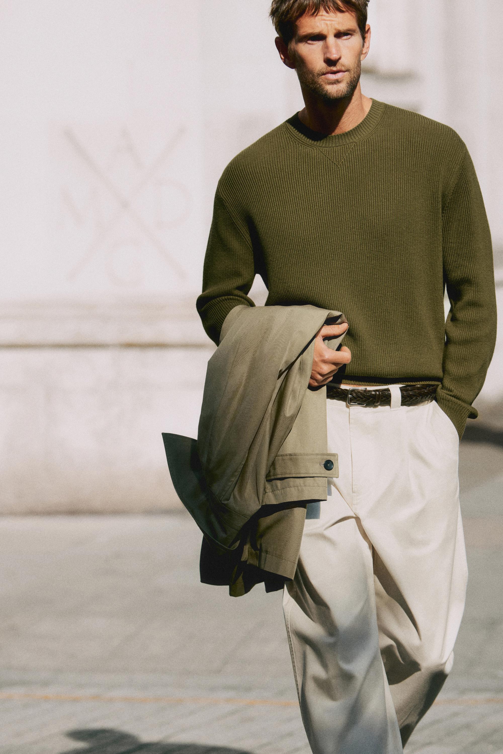 Cotton blend ribbed knit sweater — KHAKI