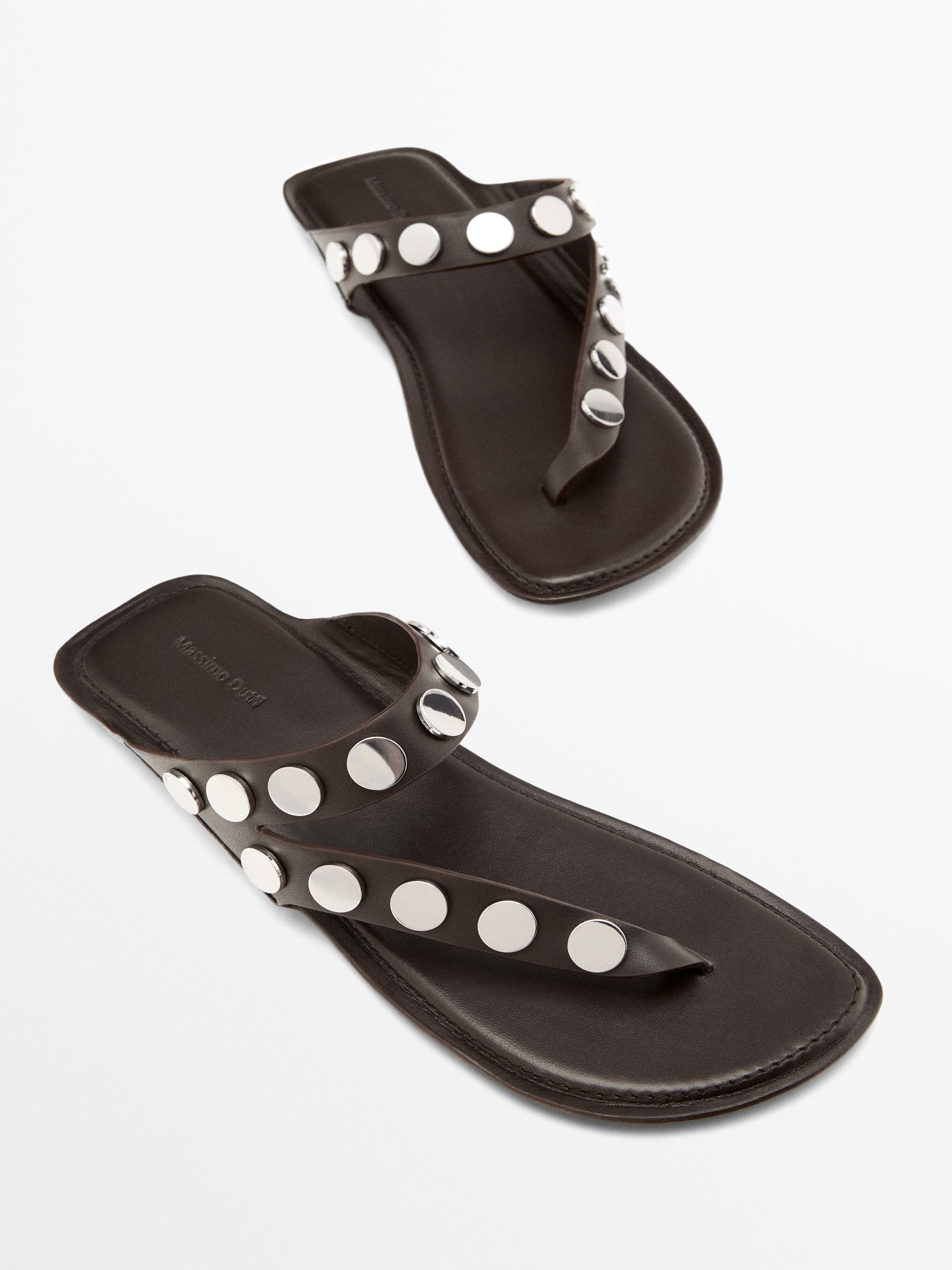 Leather sandals with studs — BROWN