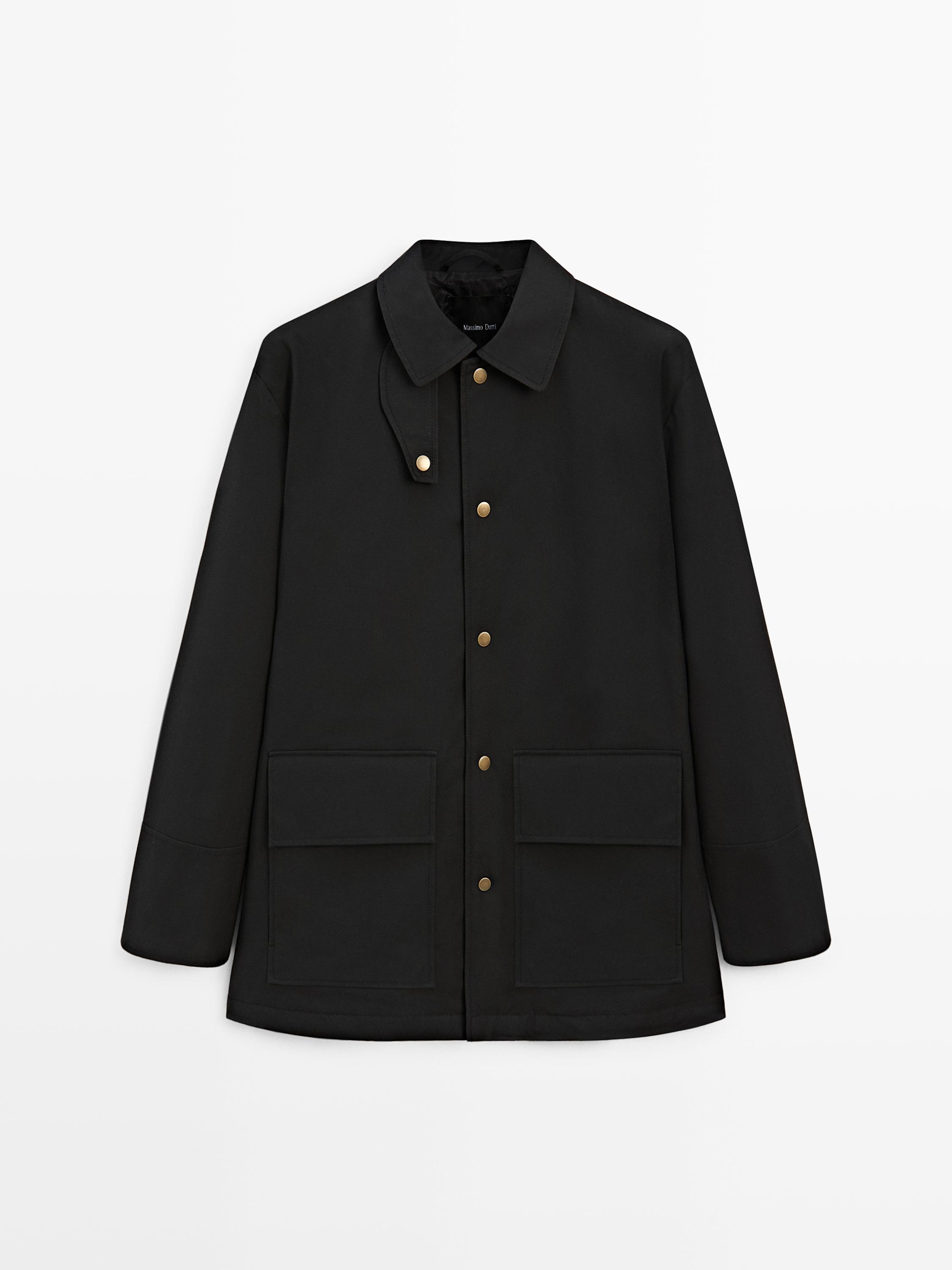 Long cotton parka with collar detail — BLACK