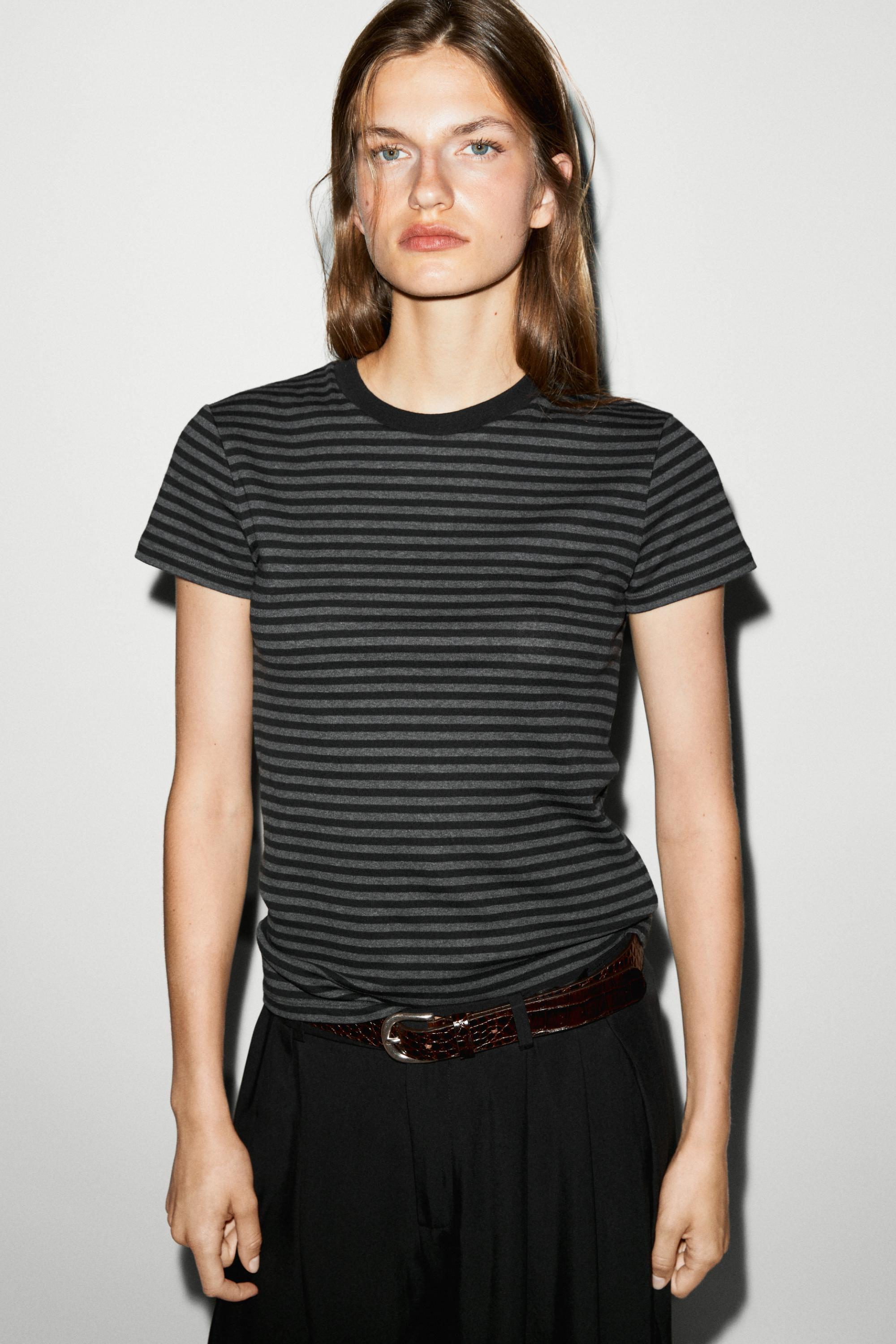 Ribbed striped short sleeve T-shirt — BLACK