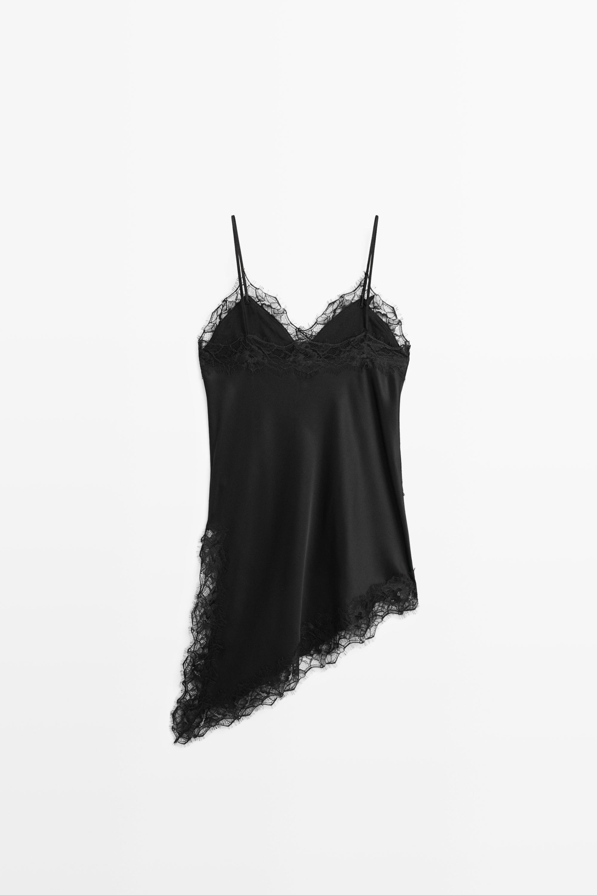 Asymmetric thin strap camisole top — BLACK