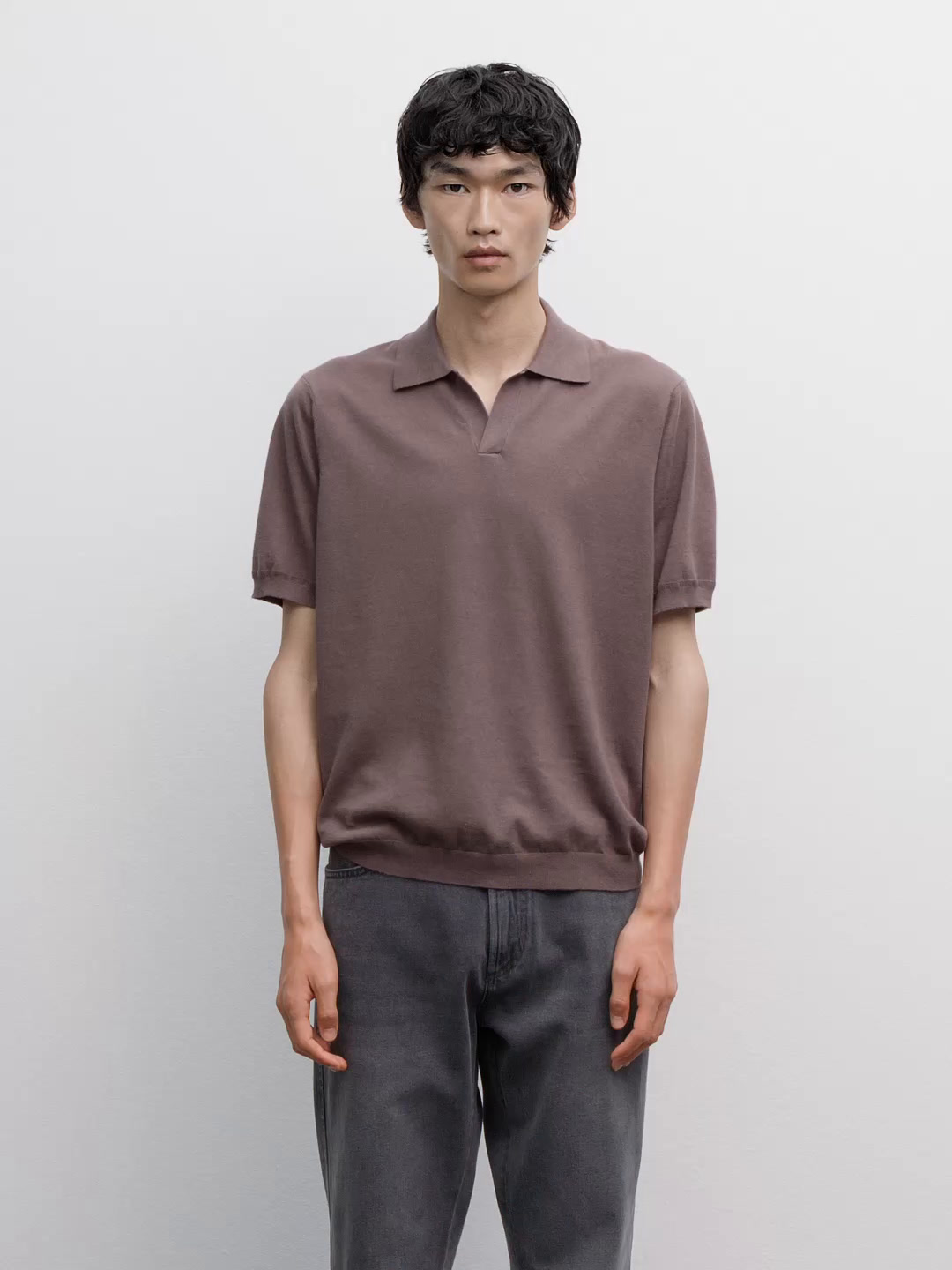 Linen blend knit V-neck polo shirt