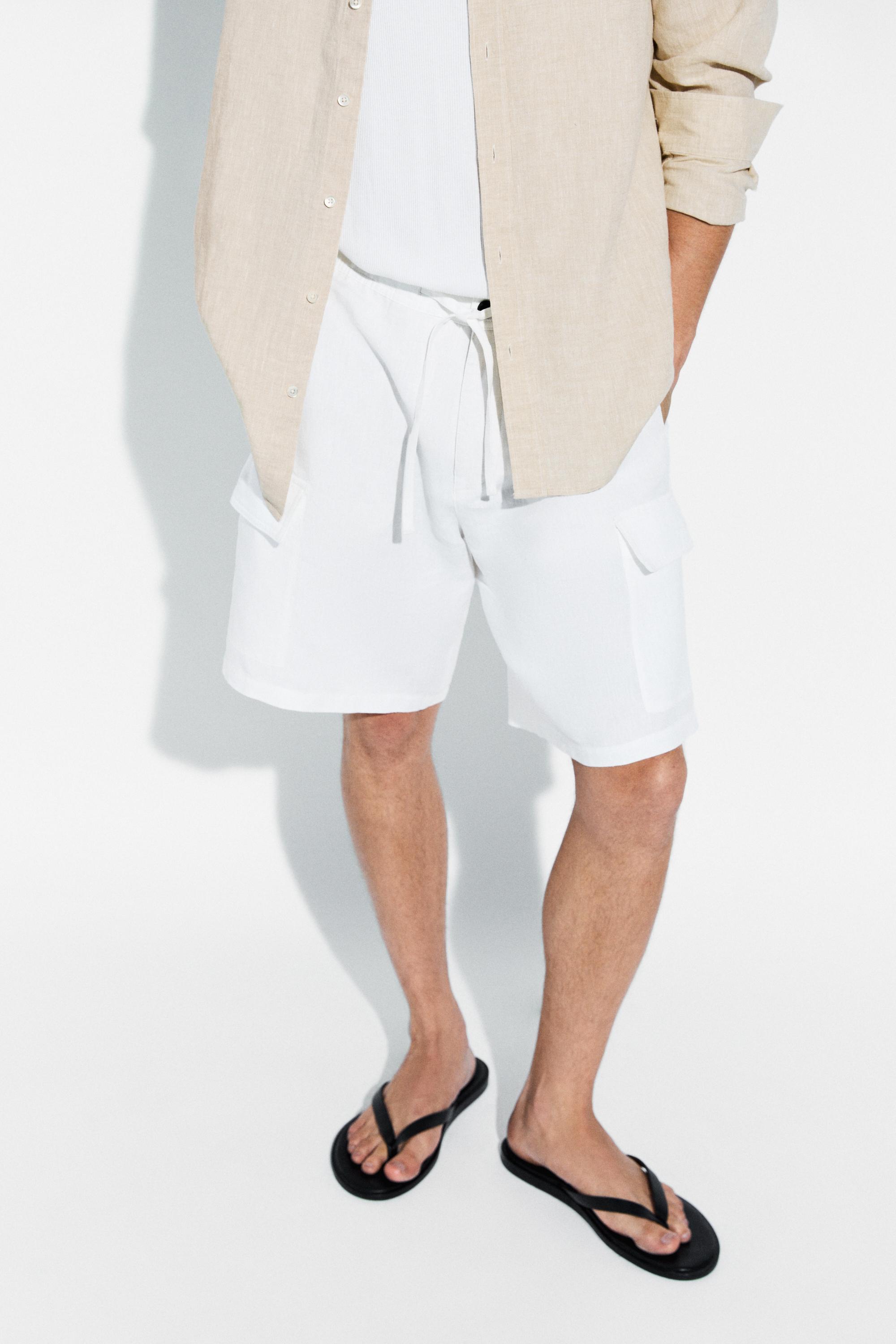 100% linen cargo Bermuda shorts — WHITE