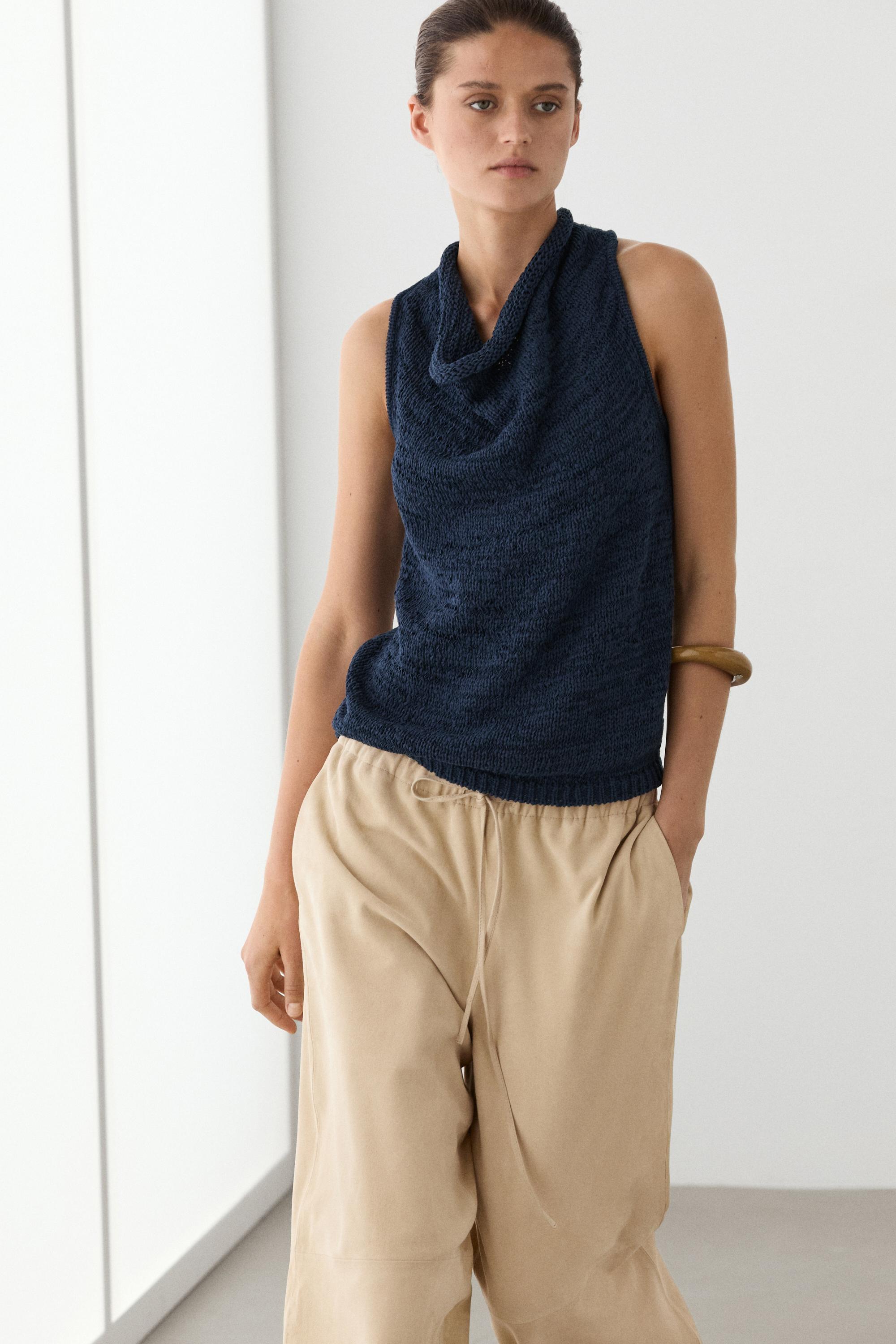 Knit top with draped neckline — Dark Blue