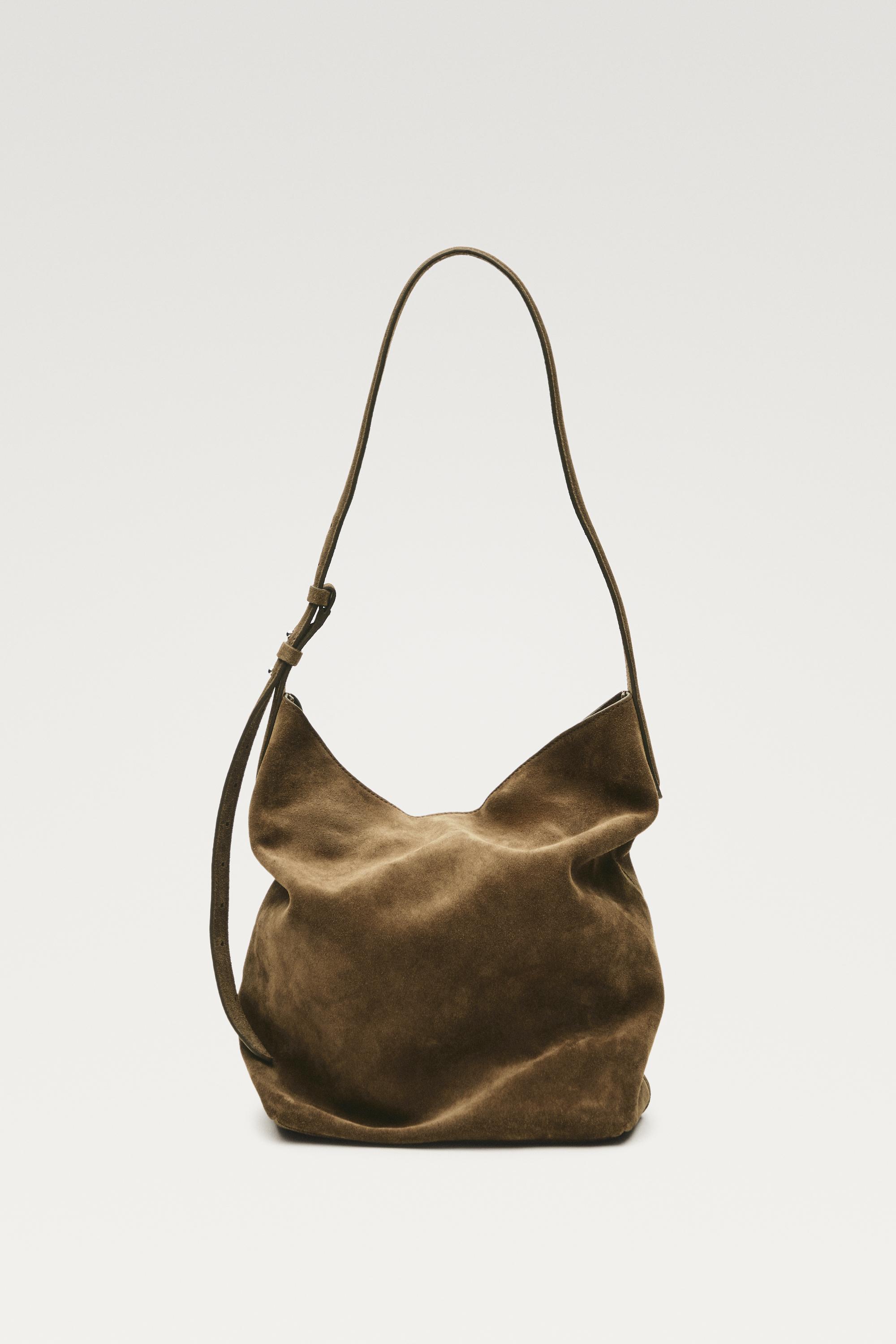 Distressed split suede leather bucket bag — KHAKI GREEN