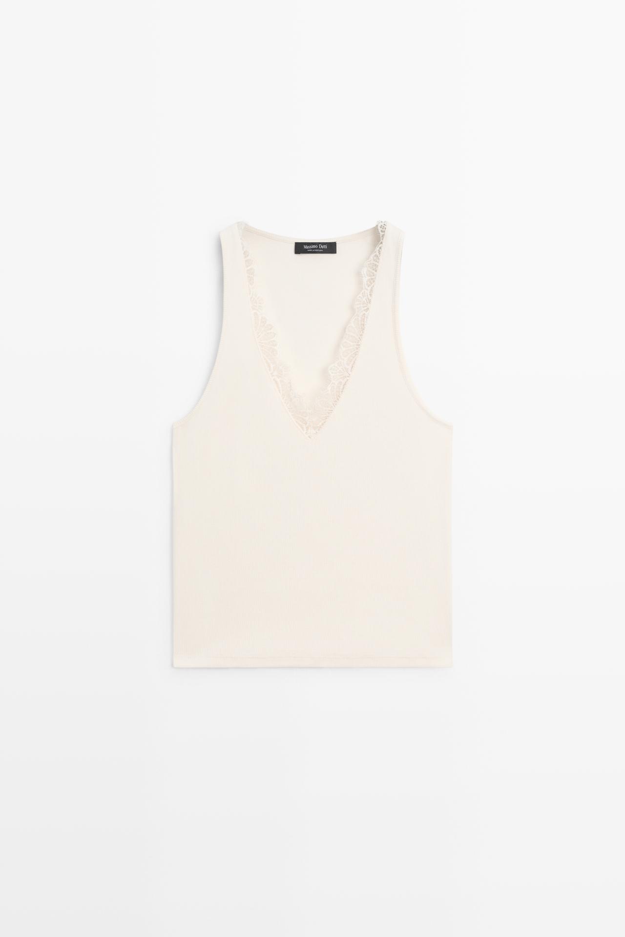 V-neck top with lace detail — CREAM