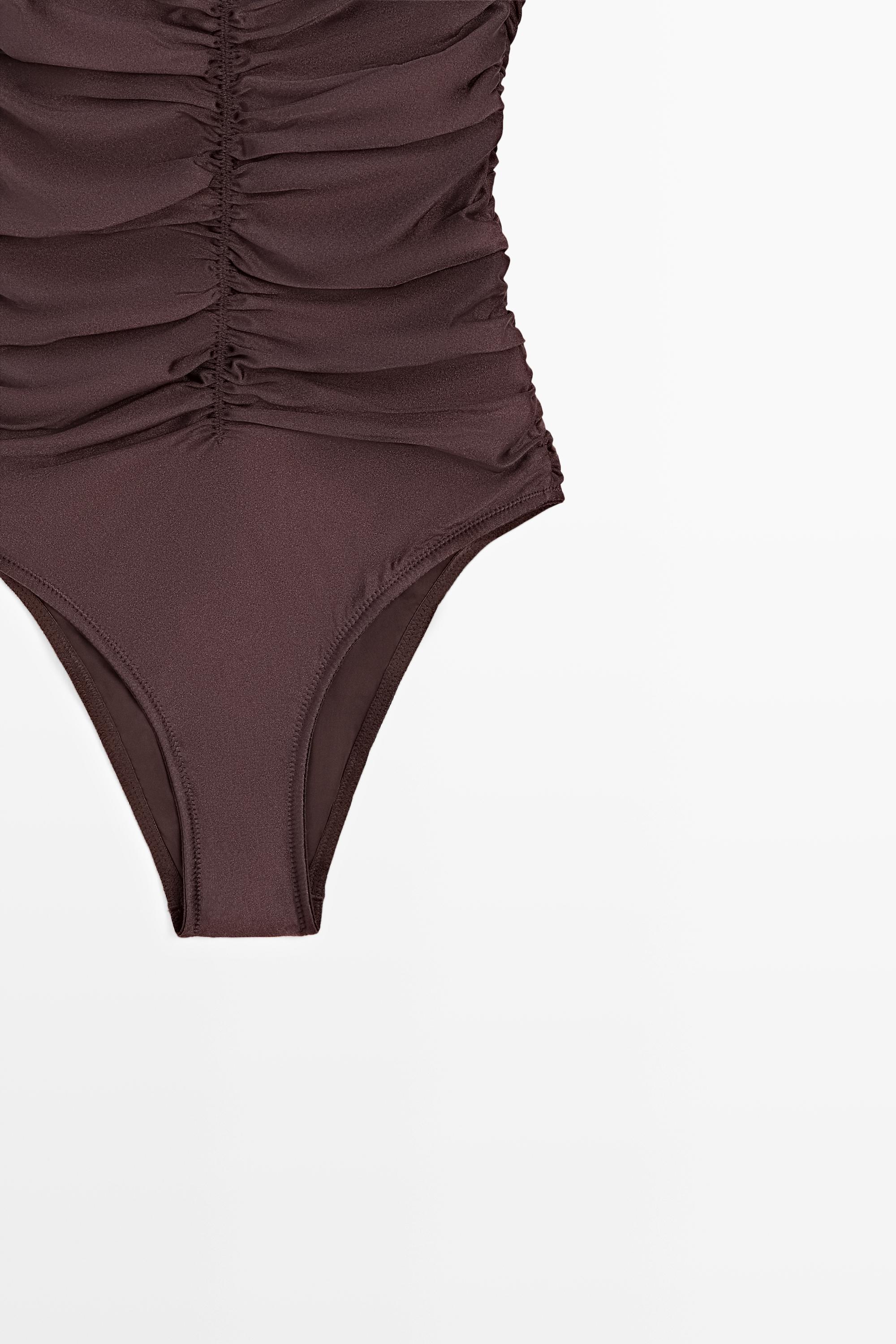 Shimmery gathered swimsuit — BROWN
