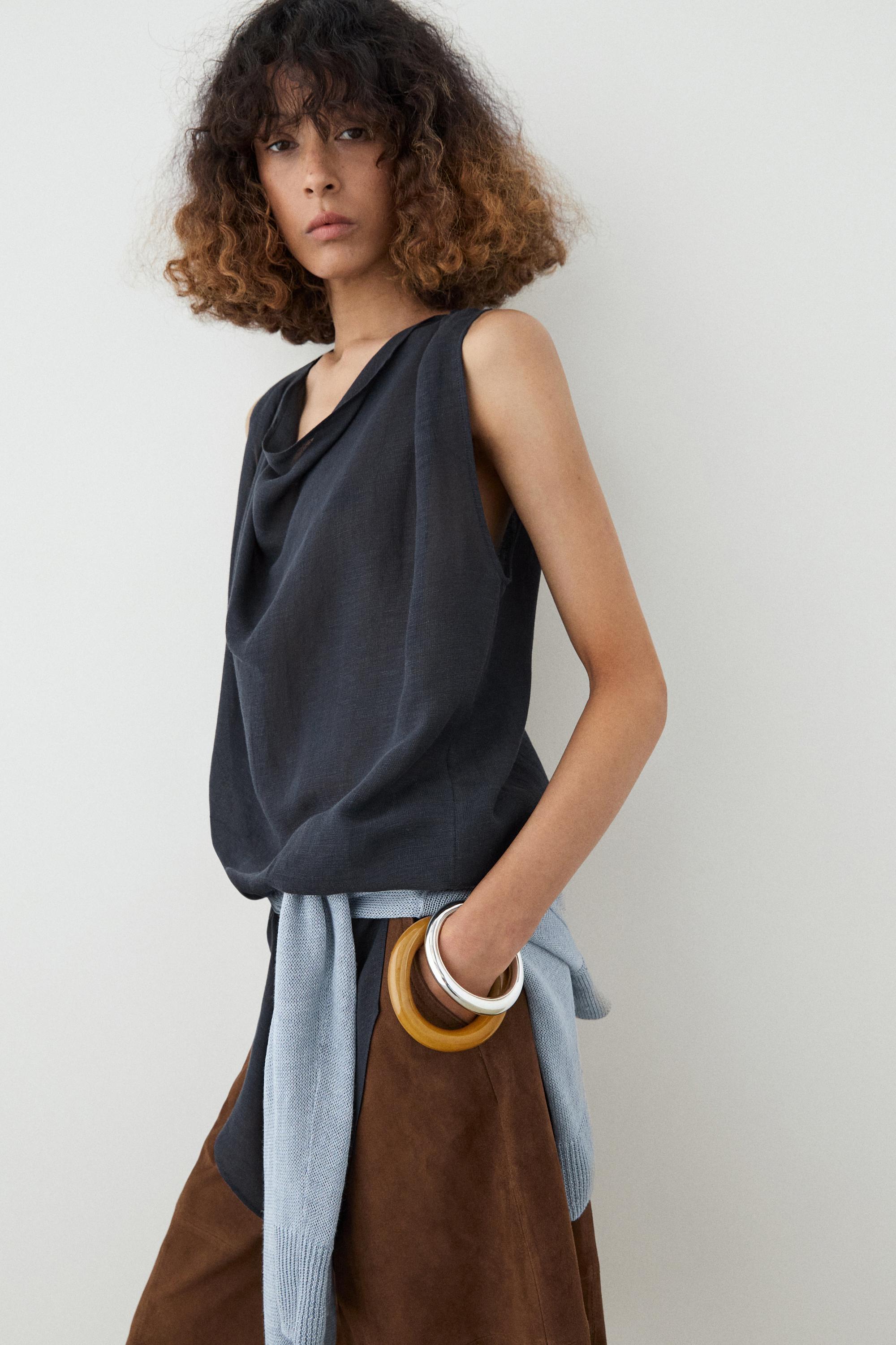 Asymmetric linen blend top — DARK BLUE