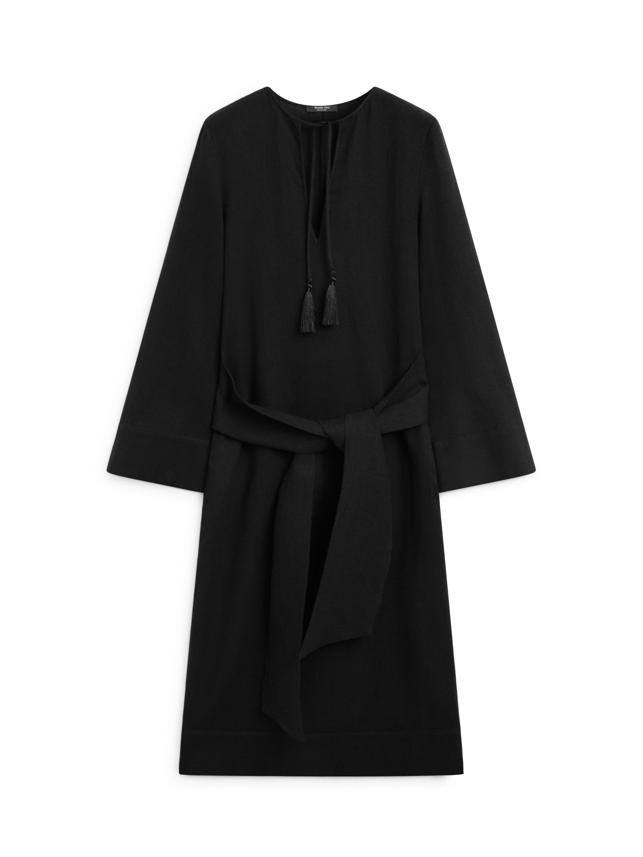 Bağcıklı %100 keten midi elbise