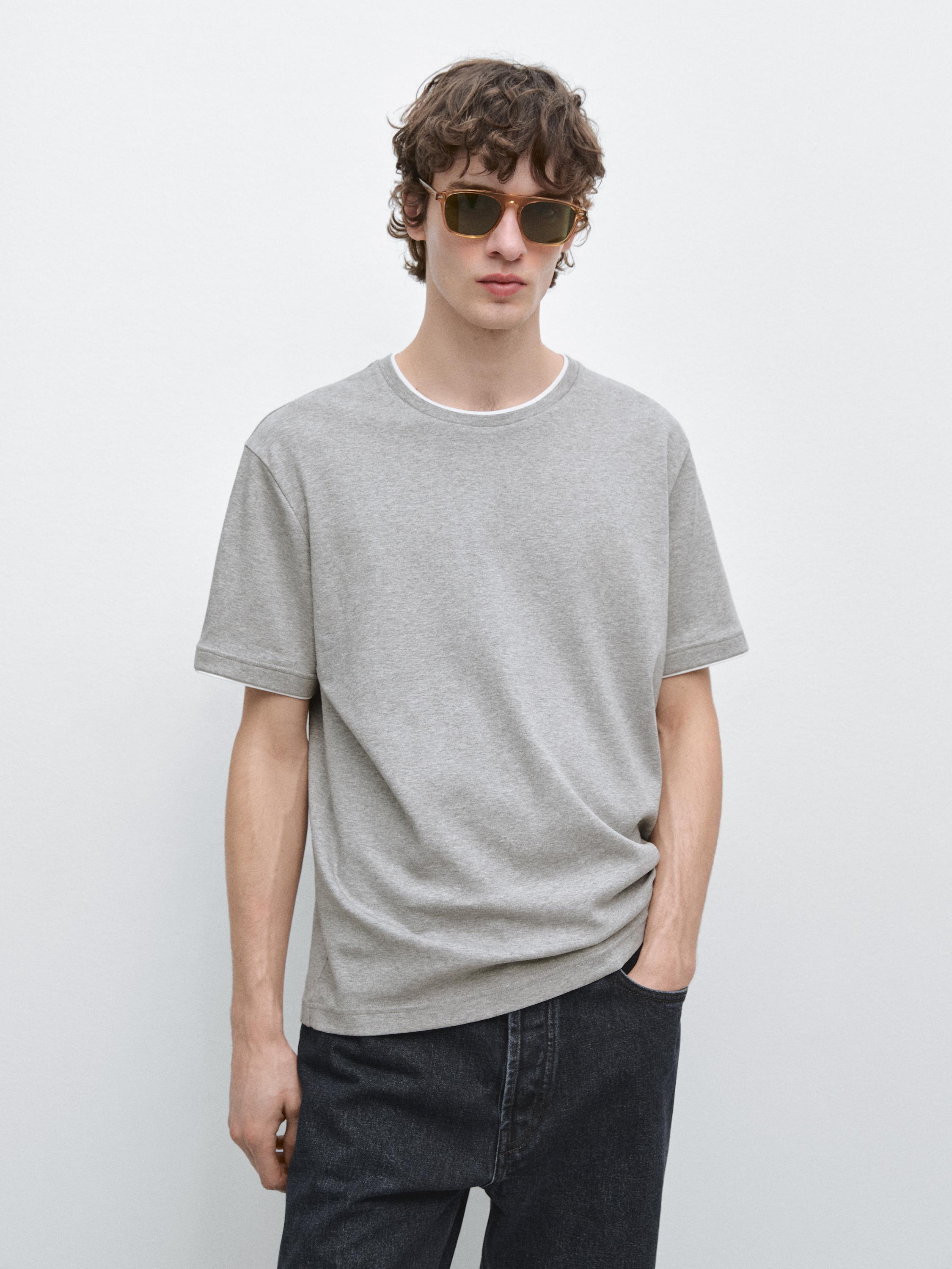 100% cotton T-shirt with contrast detail — GREY MARL