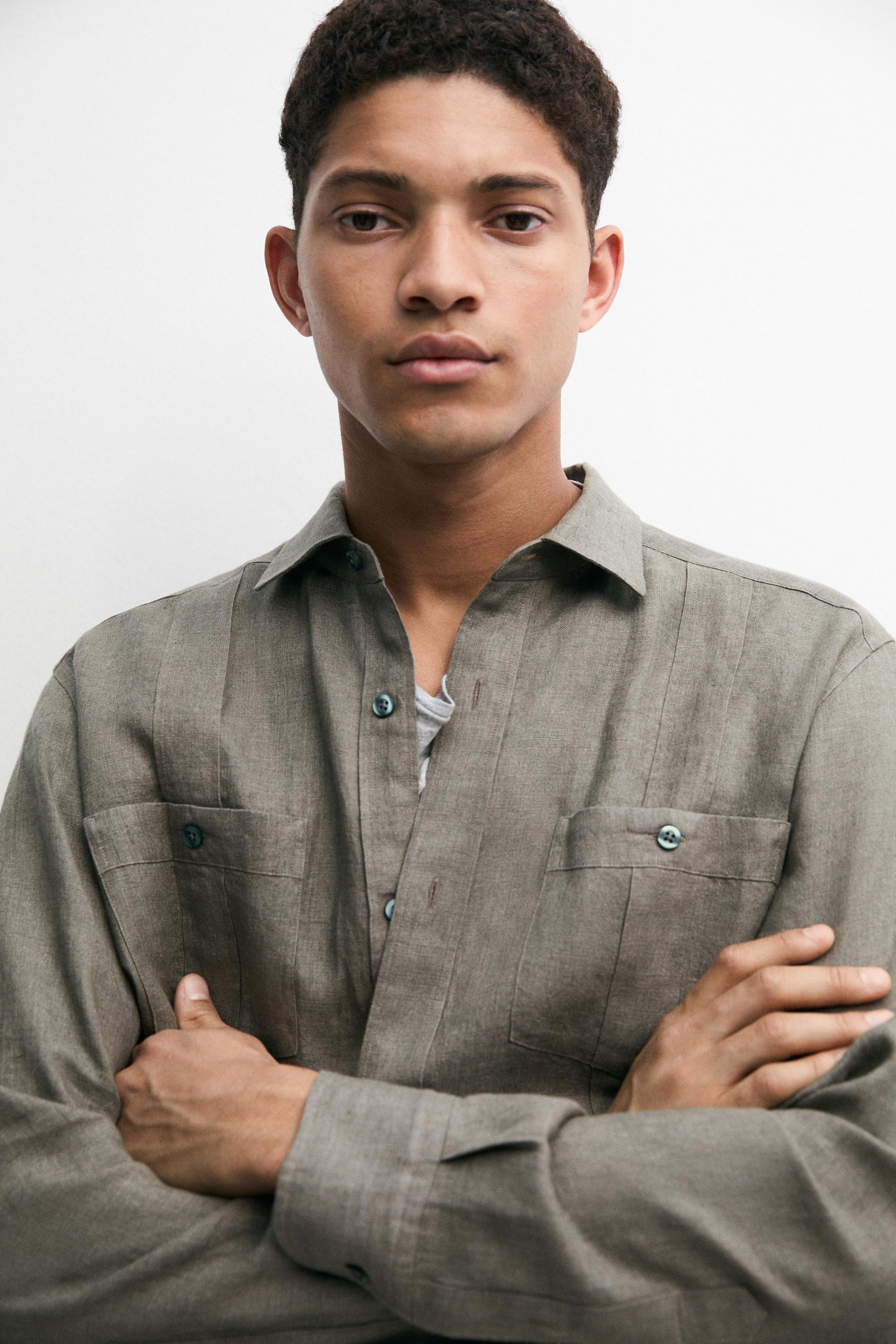Regular fit 100% linen shirt with pockets — GREEN